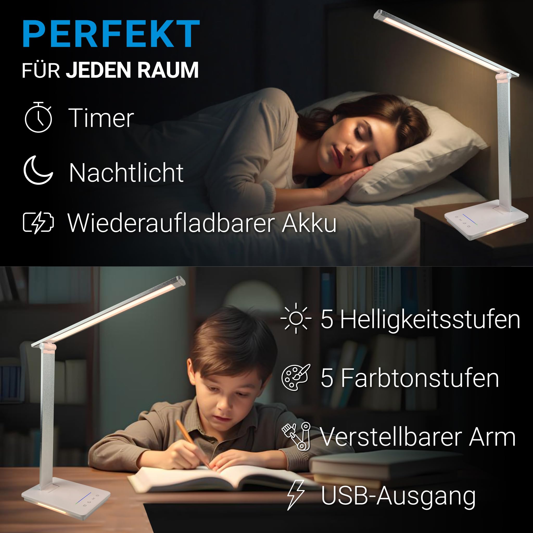 Kabellose LED Schreibtischlampe mit Wiederaufladbarer BATTERIE - Nachttischlampe - Tischlampe - Dimmbares LED Lampe (5 Helligkeits- und 5 Farbstufen, USB-C, 30 Min Timer, Lesemodus) - Desk Lamp