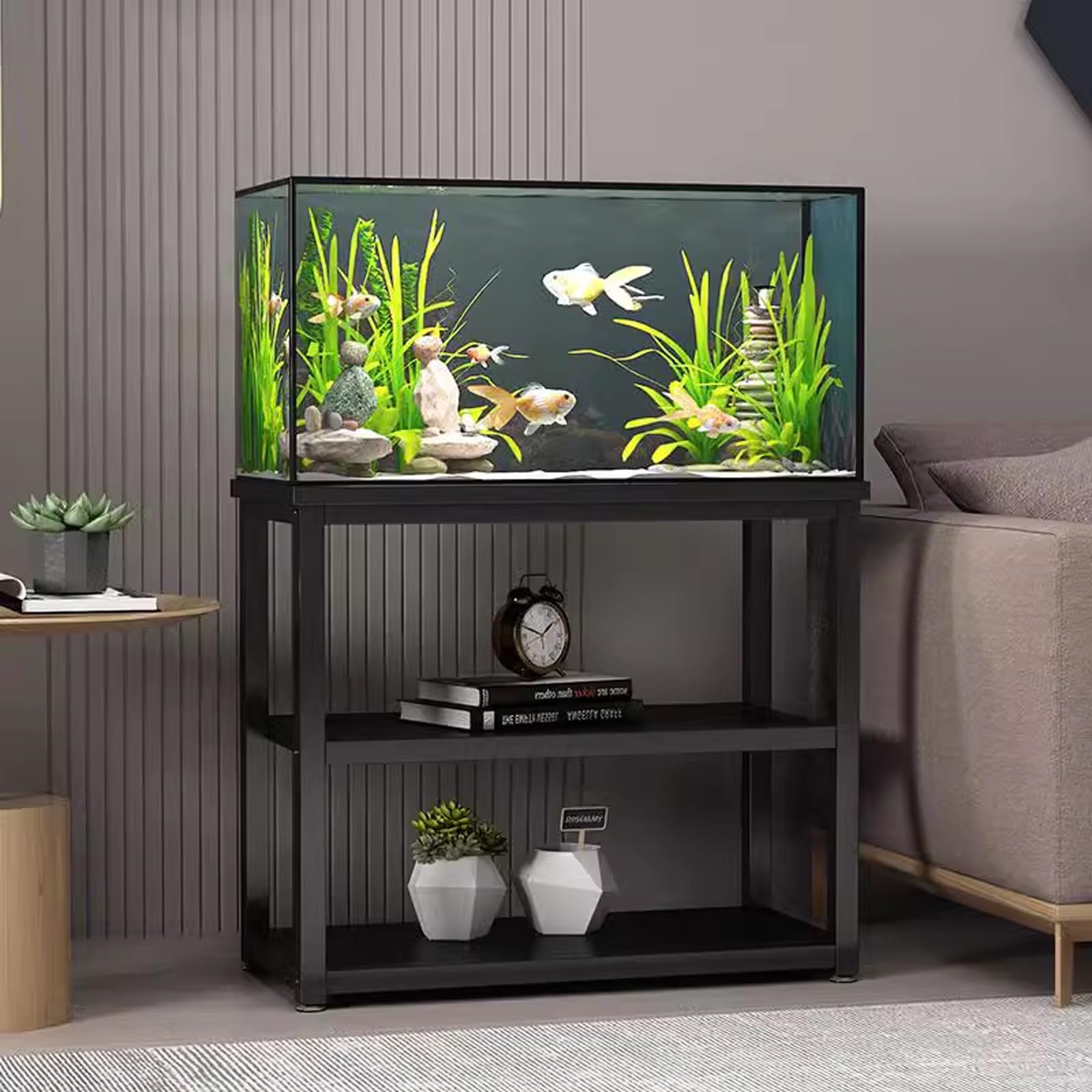 Modern Minimalist Fish Tank Stand, Metal Aquarium Stand, Sleek Design with Dual-tier Storage, Easy to Install, Perfect for Home and Office Use(Style F,31.5x11.8x27.6in)