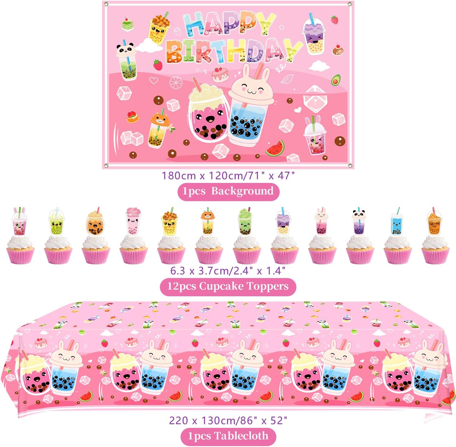 Bubble Tea Birthday Decorations - Milk Tea Party Supplies Include Backdrop, Cake Topper, Plates, Cups, Napkins, Balloons, Tablecloth for Girls Birthday Party - Serves 20
