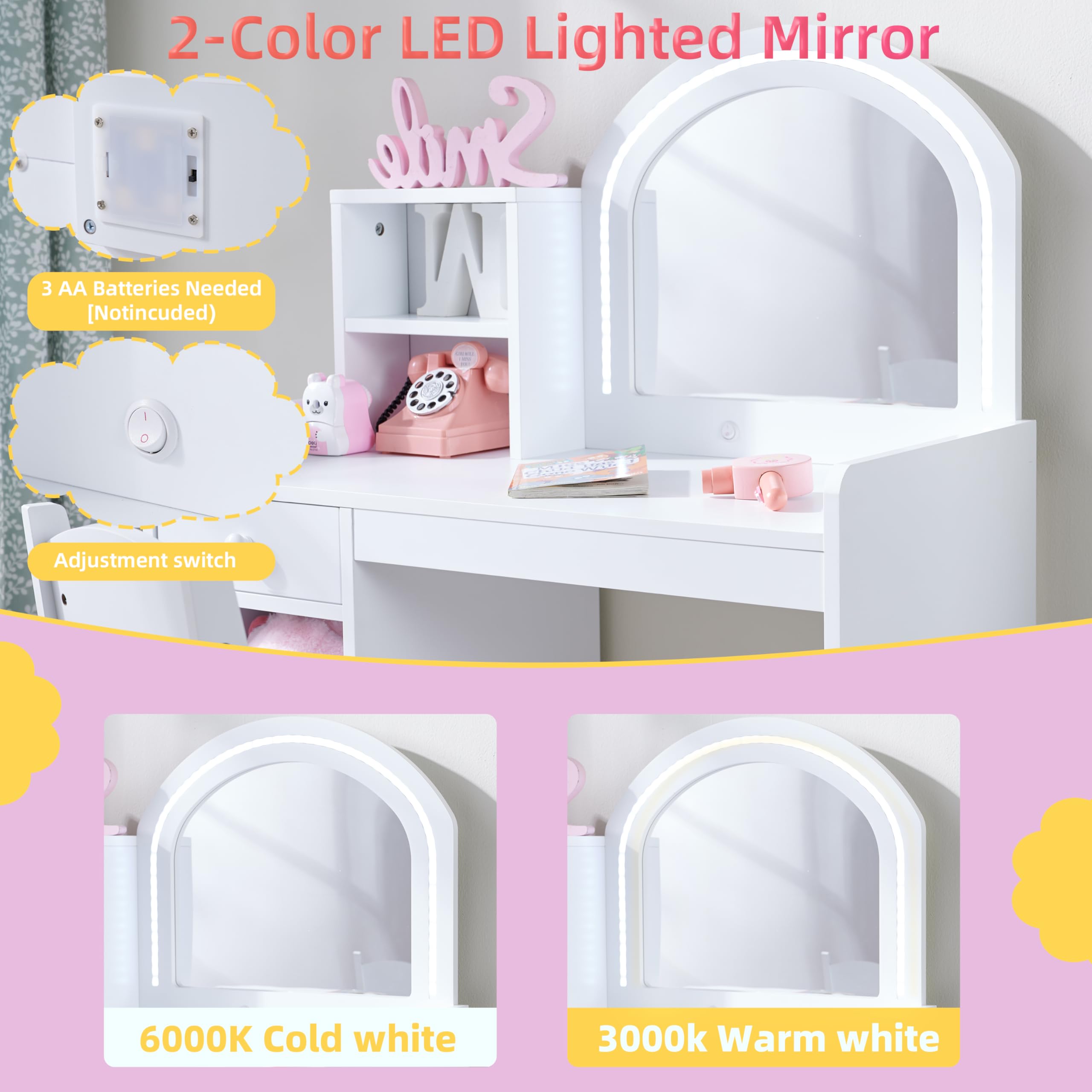 BXKX Kids Vanity with Lights, Princess Vanity Set with Drawer and Storage Shelves, 2 in 1 Toddler Makeup Vanity with Lighted Mirror, Girls Vanity Set with Stool for Little Girls (White)