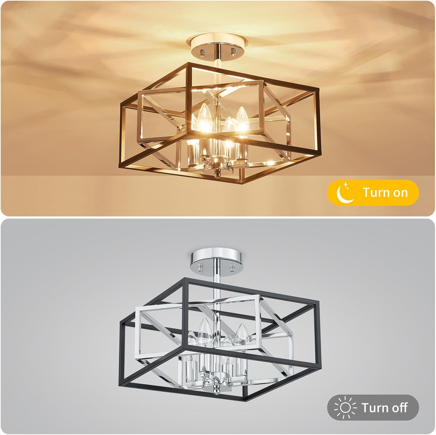 Square Ceiling Light, 4-Light Flushmount Modern Close to Ceiling Light Fixture for Living Room, Bedroom, Dining Room, L13 x W13 x H10 inch, Black & Silver Finish Frame