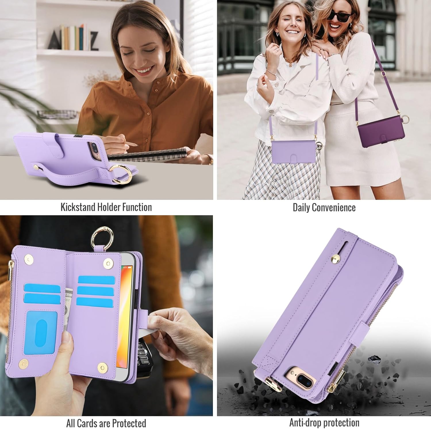 Asuwish Phone Case for iPhone 7/8/SE 2020/2022 Zipper Wallet with Screen Protector Strap Card Holder Cell Cover iPhone7 iPhone8 7s 8s i SE2020 SE2022 2/2nd/3/3rd Generation SE2 SE3 7SE 8SE Violet