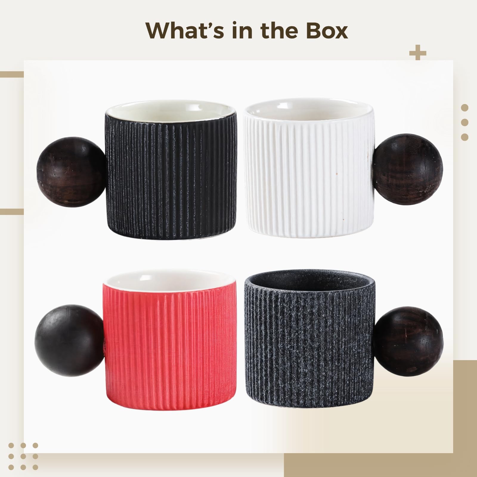 4 mini tazas de café expreso, taza de cerámica demitasse de 2 onzas con mango redondo de madera, taza de café con rayas verticales, agarre de madera antiquemaduras, taza de té de cerámica pequeña de