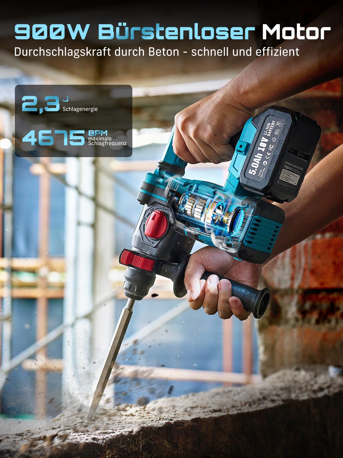 SEESII 3-in-1 Akku Bohrhammer SDS-Plus: Bohren, Hammerbohren, Meißeln mit 2 * 5,0Ah Akkus & Ladegerät, LED-Lampe, 900W Bürstenloser Motor, 2,3J Schlagbohrmaschine für Heimwerker und DIY-Projekte