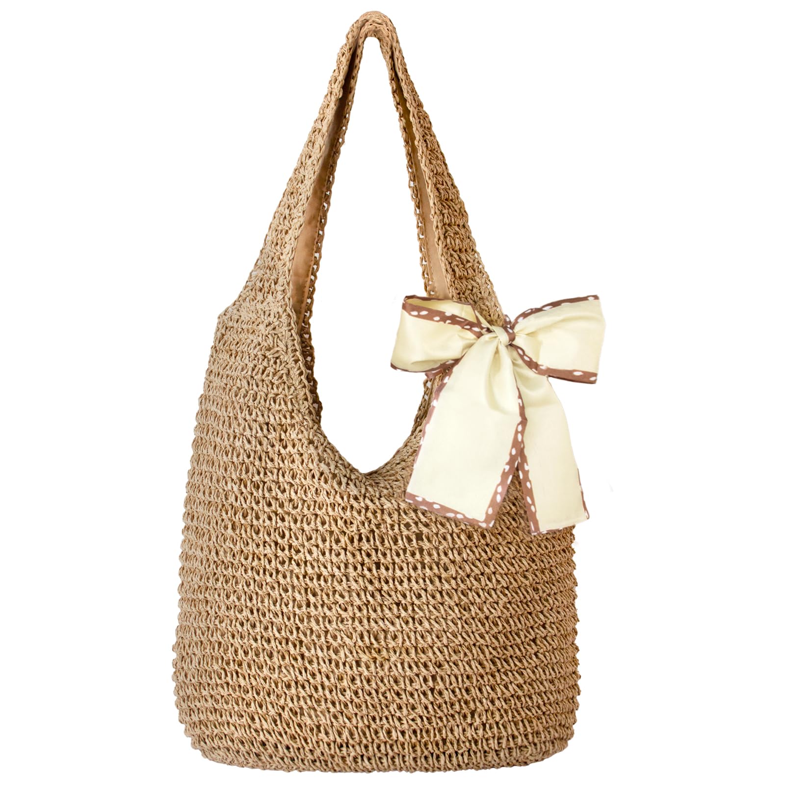 Beach Bag Straw Tote Women: Large Boho Handwoven Summer Zipper Bag with Bow