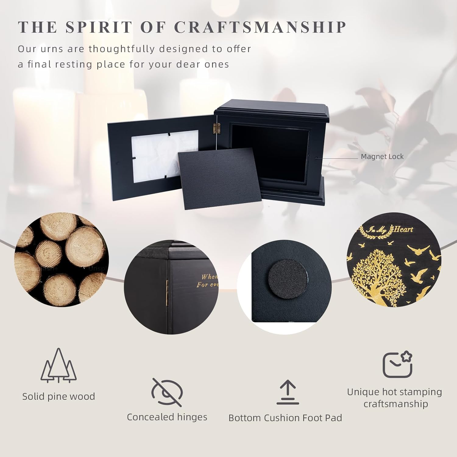 Cremation Urns for Human Ashes Adult Male Female, Wooden Urn for Ashes, Wooden Picture Frame Urns Box and Casket, Funeral Memorial Urns Box, Men Women Child, Holds 255 lbs (Black) - Image 4