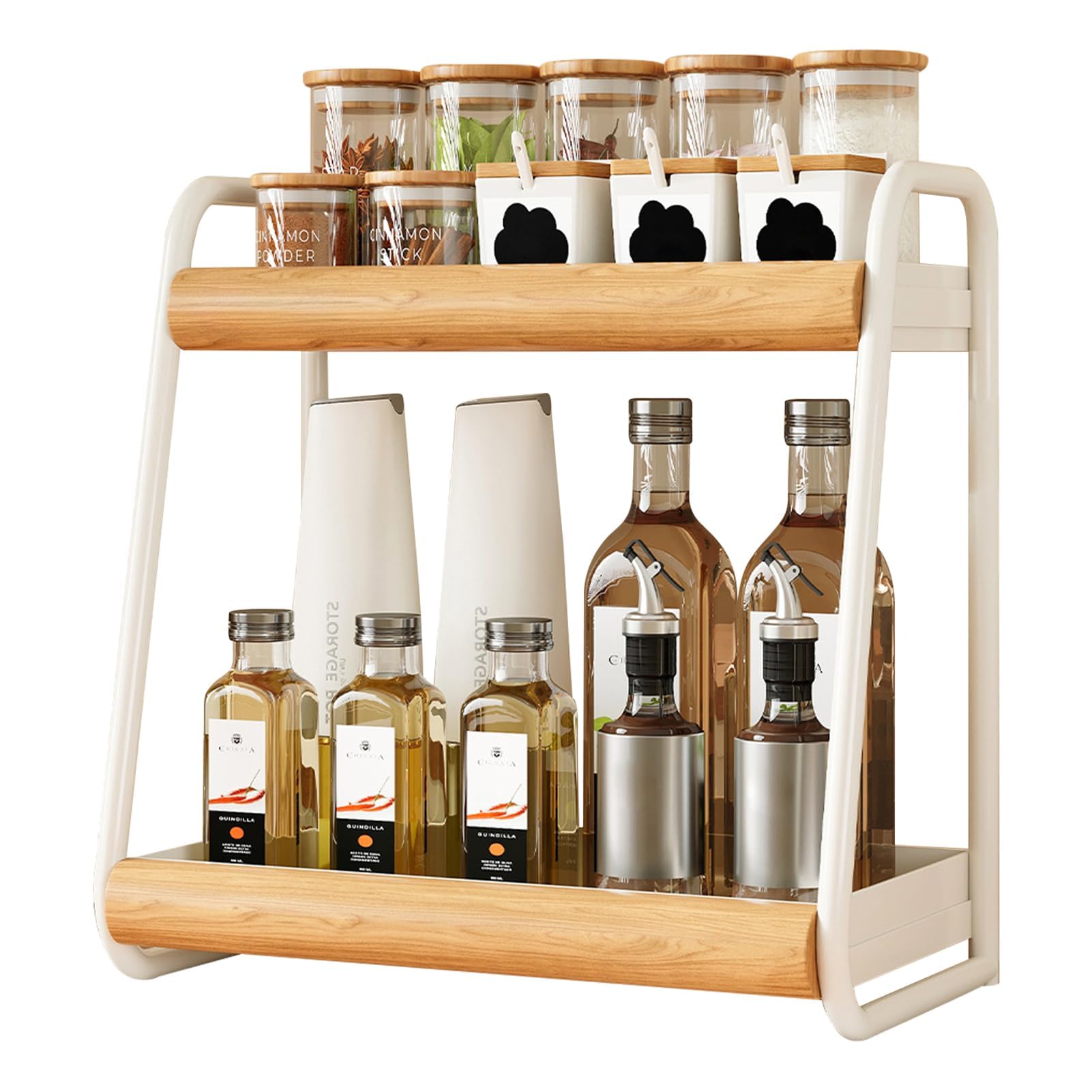 Gnathichome Beige-B 2 Tier Wooden Spice Rack Metal Frame Countertop Seasoning Organiser Kitchen Condiment Storage Shelf (,40 * 43Cm)
