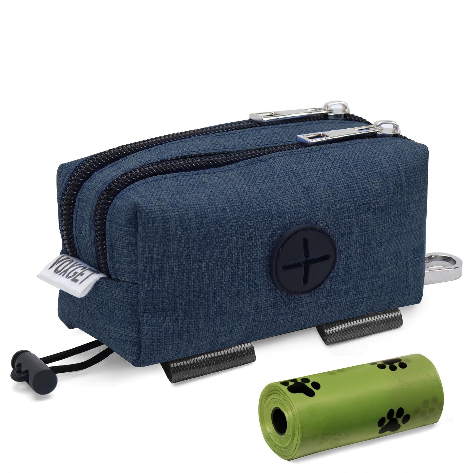 VOXGET Dog Poop Bag Holder for Leashes, Puppy Treat Pounch Carrier with 2 Zipper Pockets and Clip for Pets Training, Dog Waste Bag Dispenser with 1 Roll Poop Bags for Walking Accessories (Navy Blue)