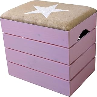 Liza Line Meuble Coffre Banc de Rangement (Rose), pour Chaussures. Pouf Malle à Jouets. Caisse Vintage avec Assise Confortable en Tissu. Bois Massif Scandinave - 50 x 45 x 36 cm (Étoile Blanche)