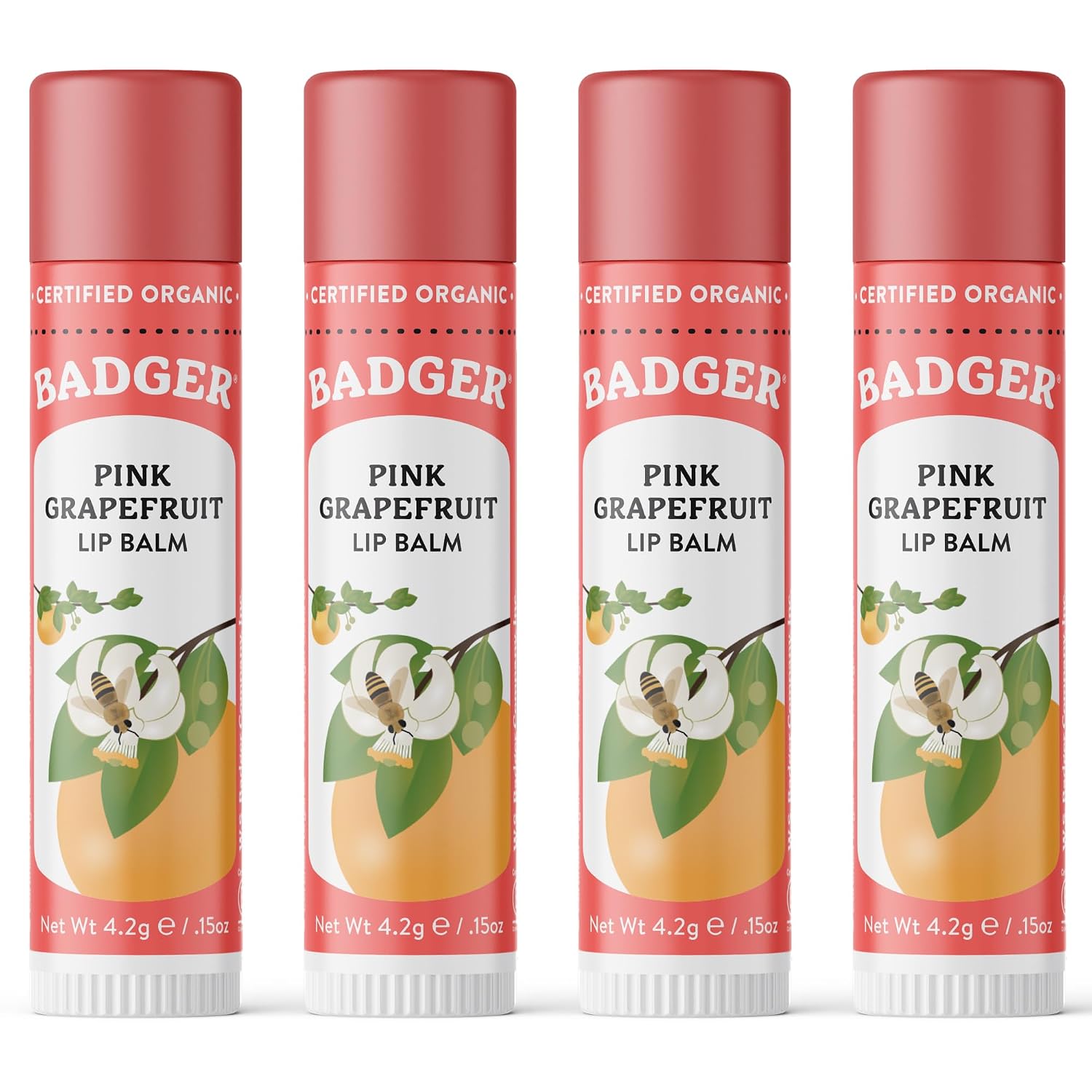 Badger Pink Grapefruit Classic Lip Balm, 100% Organic Lip Balm, Long Lasting Lip Care w/Light Silky Texture, Refreshing & Uplifting, 4 Pack