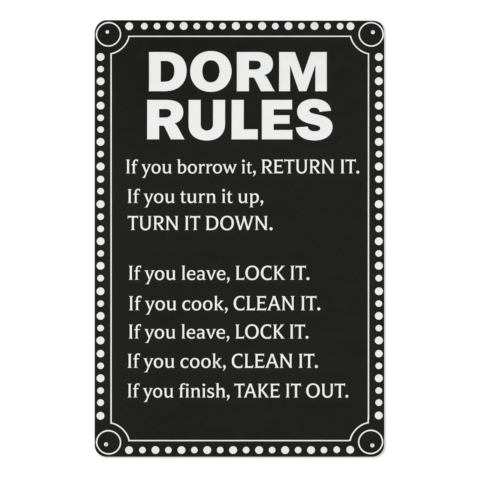 peiyeety Metal Tin Sign 8x12 Inch – Dorm Rules Return Turn Down LockTakeWall Decor Black White College Dorm Room Wall Art Plaque