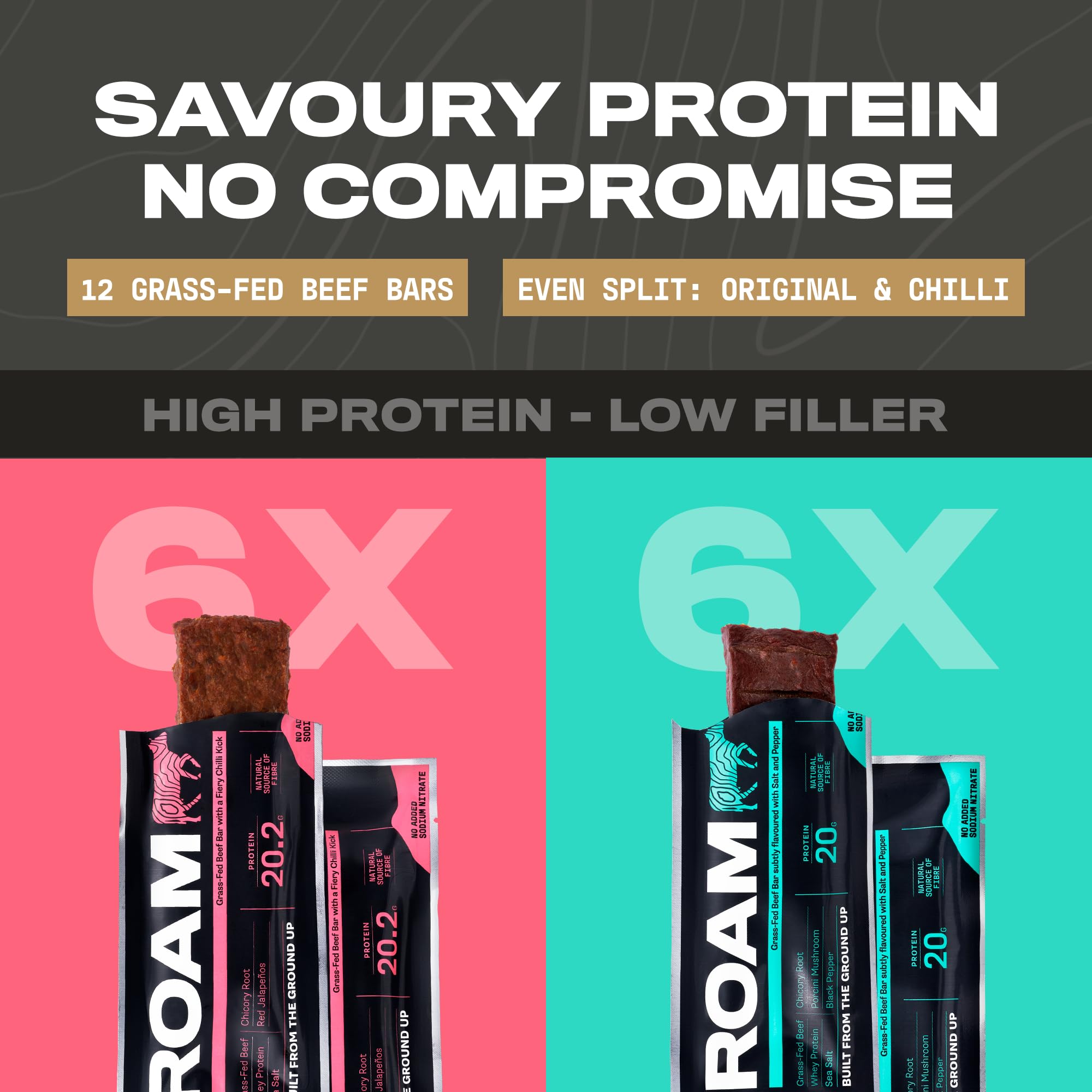ROAM Natürliche Proteinriegel, Keto-Mahlzeitenersatz, 12 × 45 g glutenfreie gesunde Snacks, kalorienarme Snacks (Gemischtes Beef-Riegel Vorteilspack)
