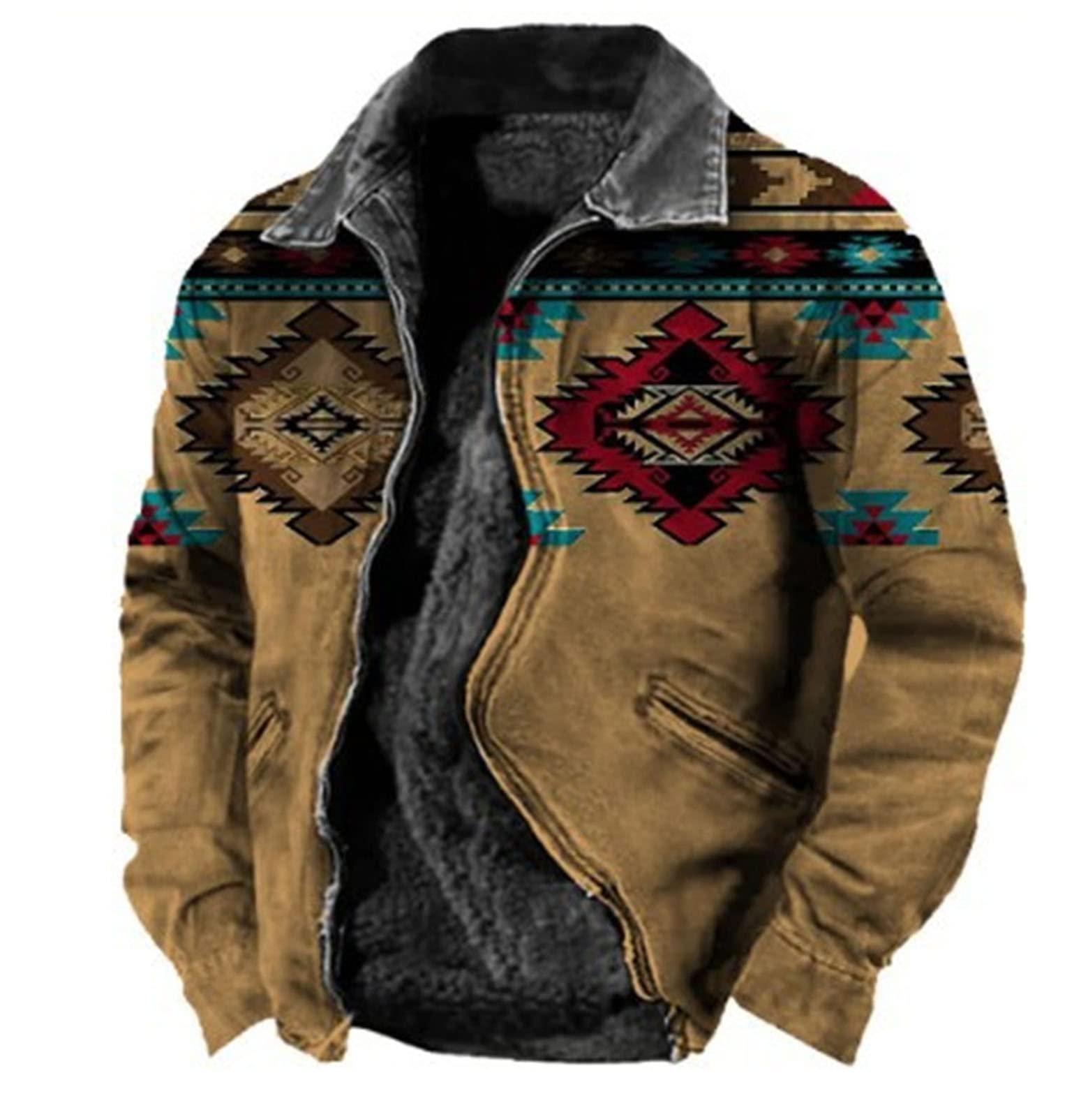 Męska kurtka Sherpa z podszewką typu trucker kurtki polarowe męskie zapinane na guziki płaszcz zimowy vintage aztecki nadruk taktyczne grube płaszcze