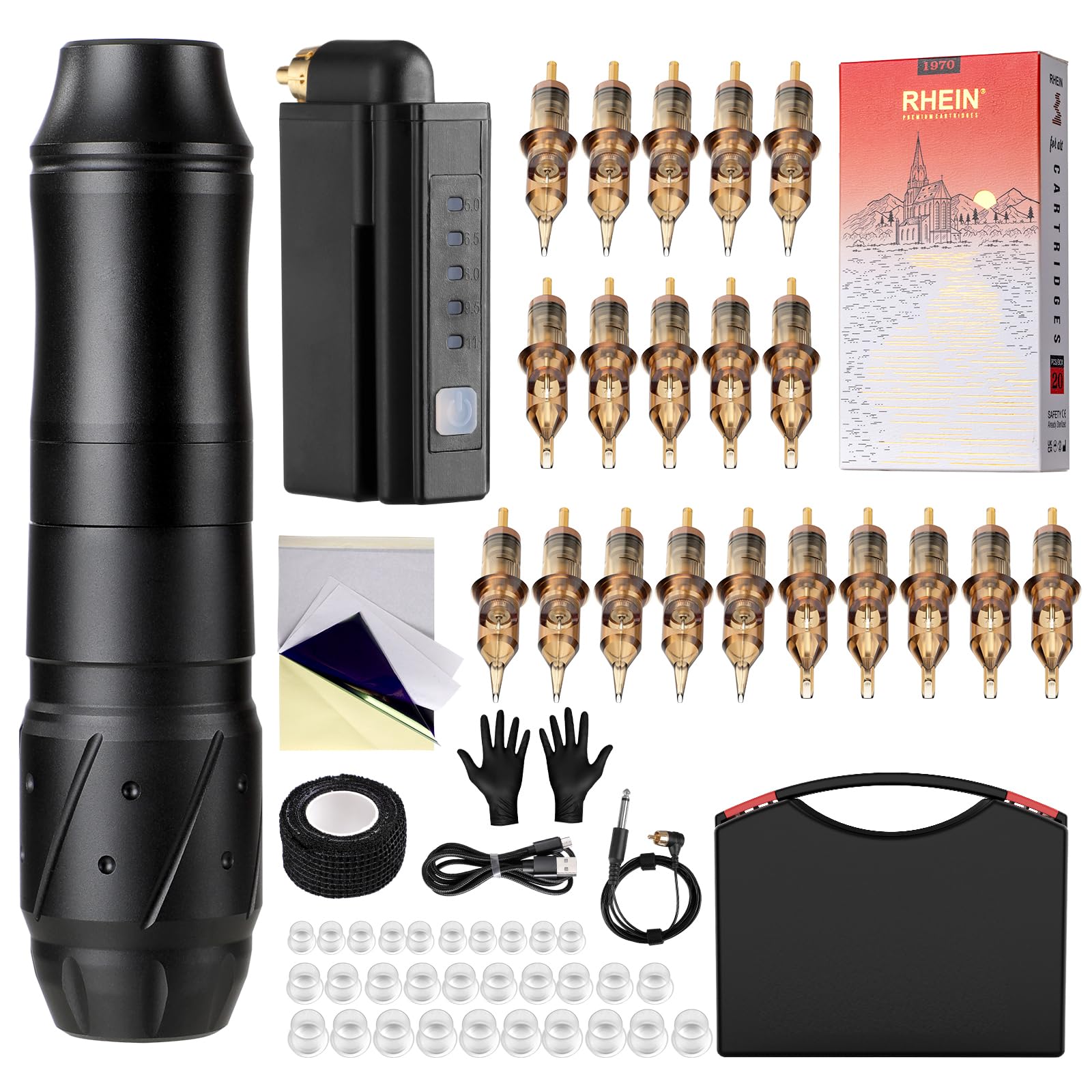 HAWINK Tattoo Machine Kit with 1500mAh Battery Wireless Rotary Pen 20pcs Tattoo Needles Cartridge with Suitcase EM155P199RCAEN02-1