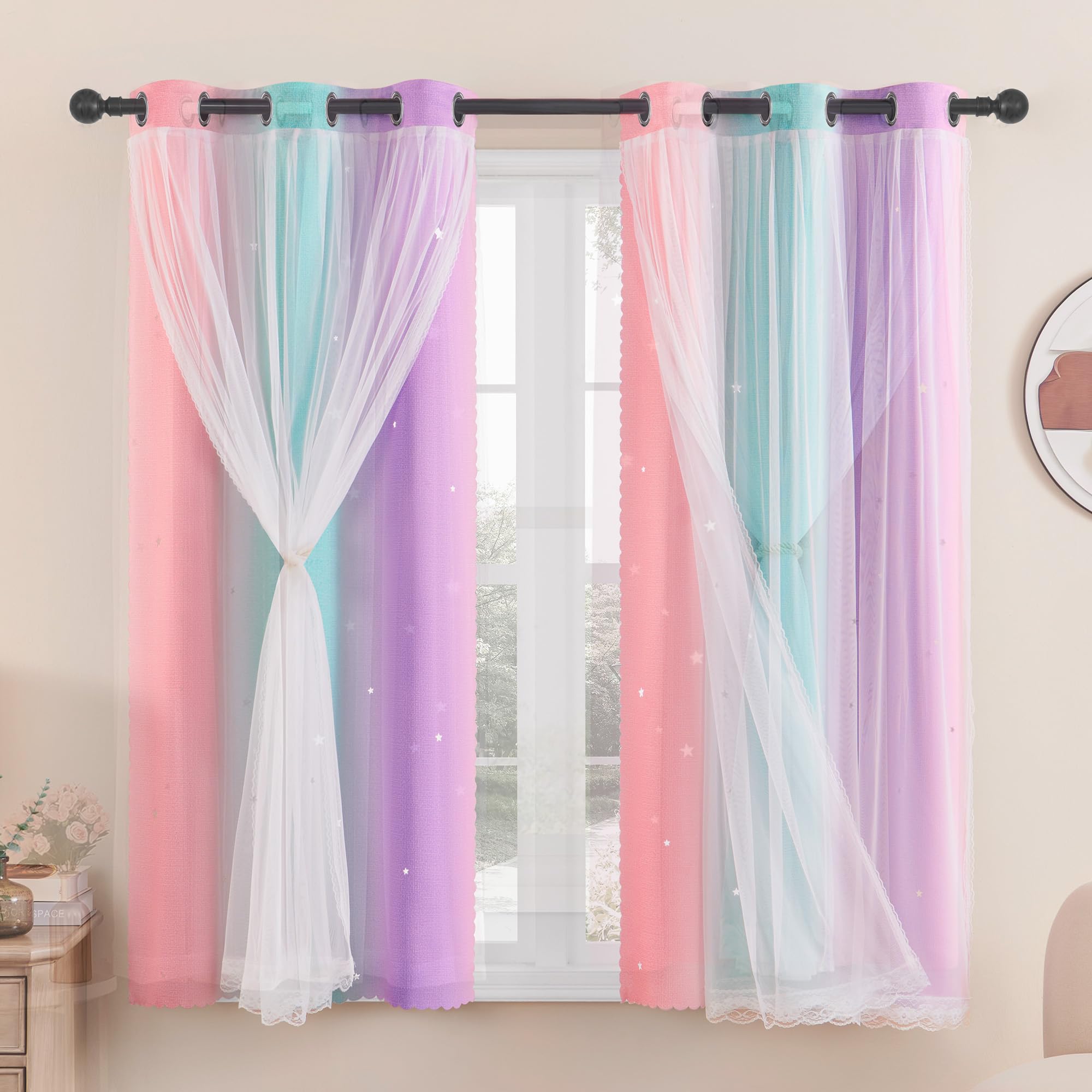Tende Oscuranti Arcobaleno Sfumate Con Stelle Laser: 2 Pannelli 132x160 Cm, Doppio Strato, Rosa E Viola Per Camera Da Letto