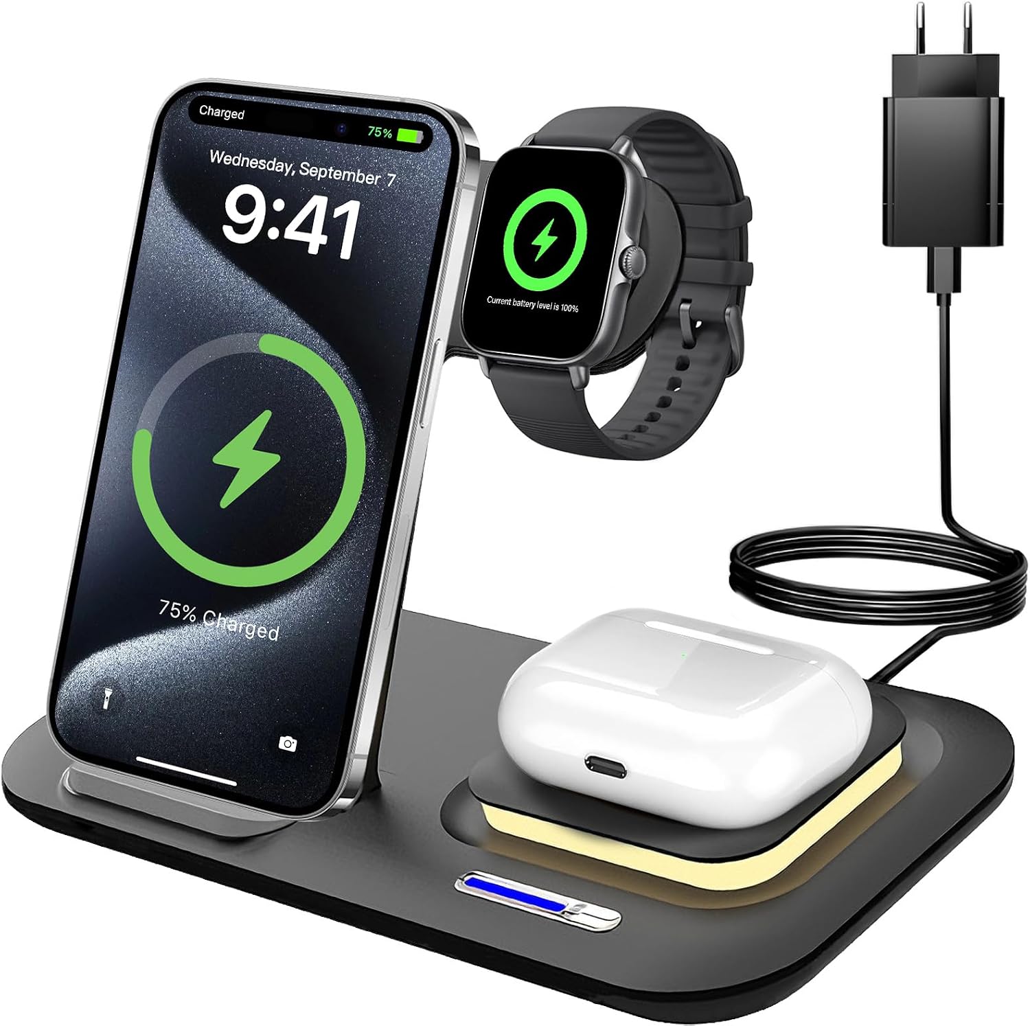 Bezprzewodowa łAdowarka,Stacja łAdująCa 3 w 1 do iPhone 17 16 15 14 13 12 11/Pro/Max/Plus,Indukcyjna Bezprzewodowa łAdowarka z Lampką Nocną do Apple Watch 10/9 z Airpods 3/2/Pro,Ciemnoczarna