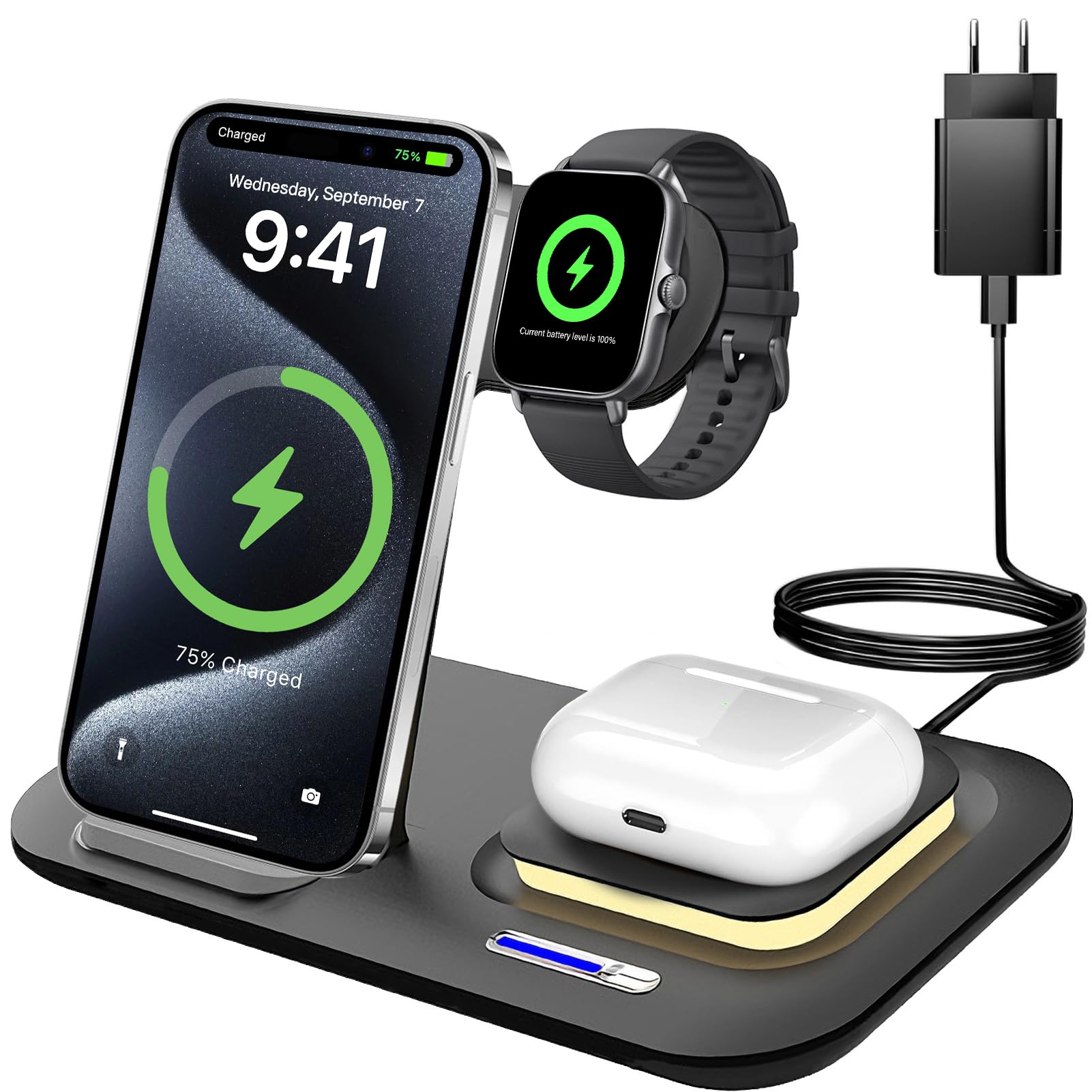 Bezprzewodowa łAdowarka,Stacja łAdująCa 3 w 1 do iPhone 17 16 15 14 13 12 11/Pro/Max/Plus,Indukcyjna Bezprzewodowa łAdowarka z Lampką Nocną do Apple Watch 10/9 z Airpods 3/2/Pro,Ciemnoczarna