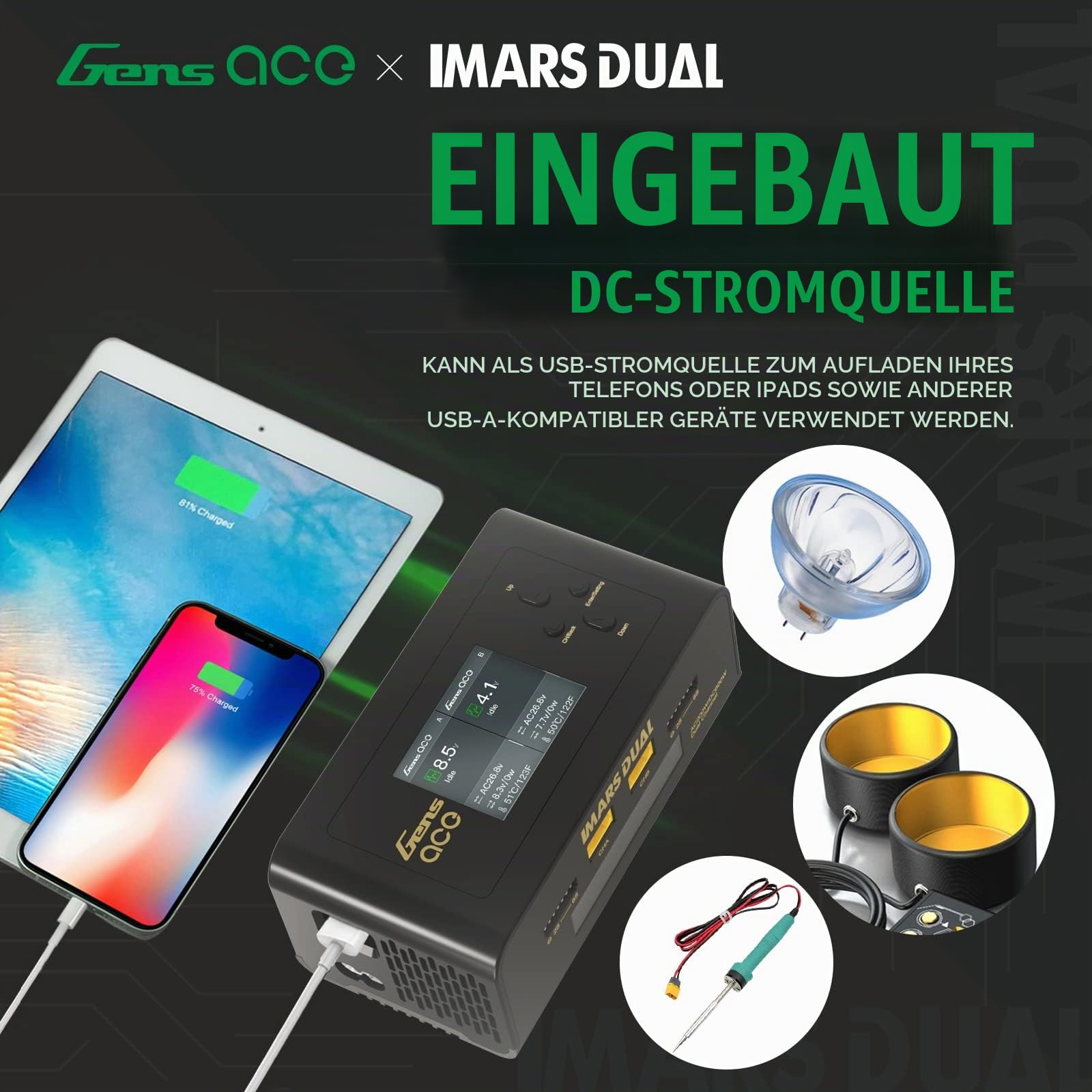 GensAce Ladegerät Imars Dual Channel AC200W/DC300Wx2 Balance Akkupack Ladegerät für Ninh/Lipo Akku (schwarz)