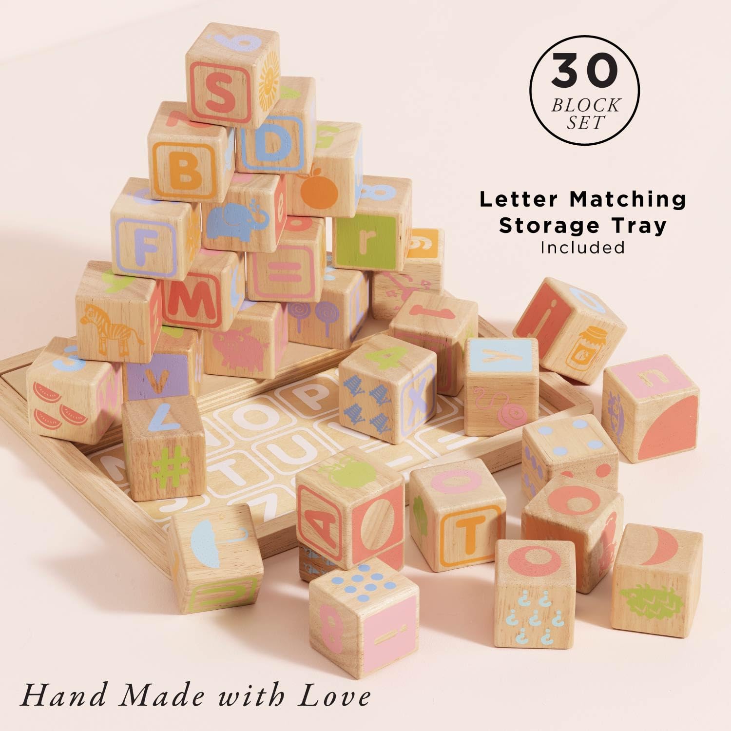 Le Toy Van Gioco educativo cubi in legno per bambini a partire da 1 anno, cubi alfabeto, Montessori, cubi impilabili con facce, puzzle 3D 30 pezzi, giocattolo ecologico, Petilou