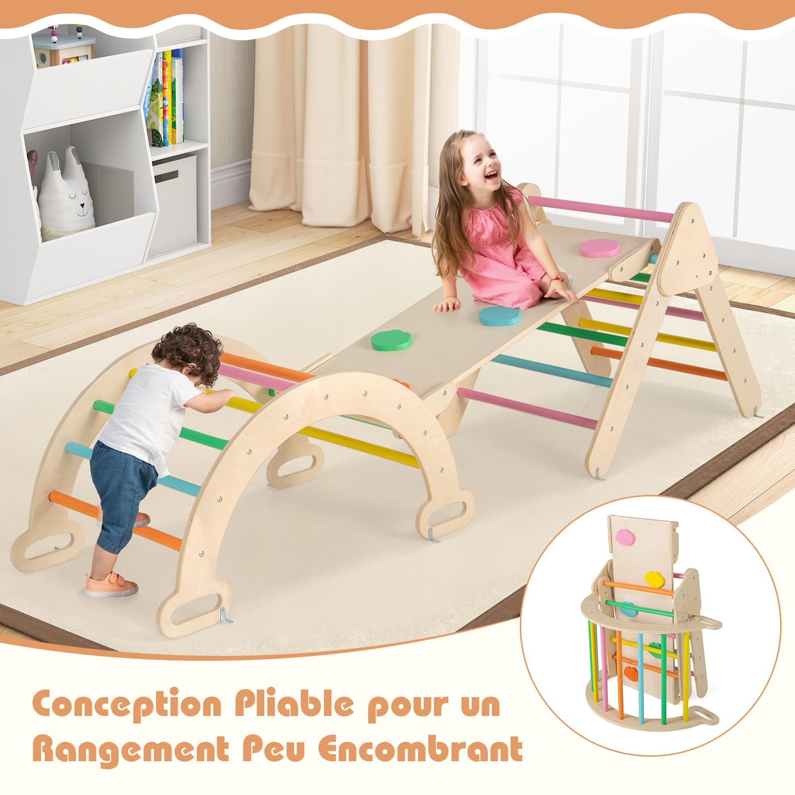 GOPLUS 7 en 1 Triangle Arche Montessori, Arche d'escalade Enfants avec Toboggan Bois,Rampe, Échelle Réglable, Charge 50KG, pour Tout-Petits Bébé 1 Ans+(Multicolore)