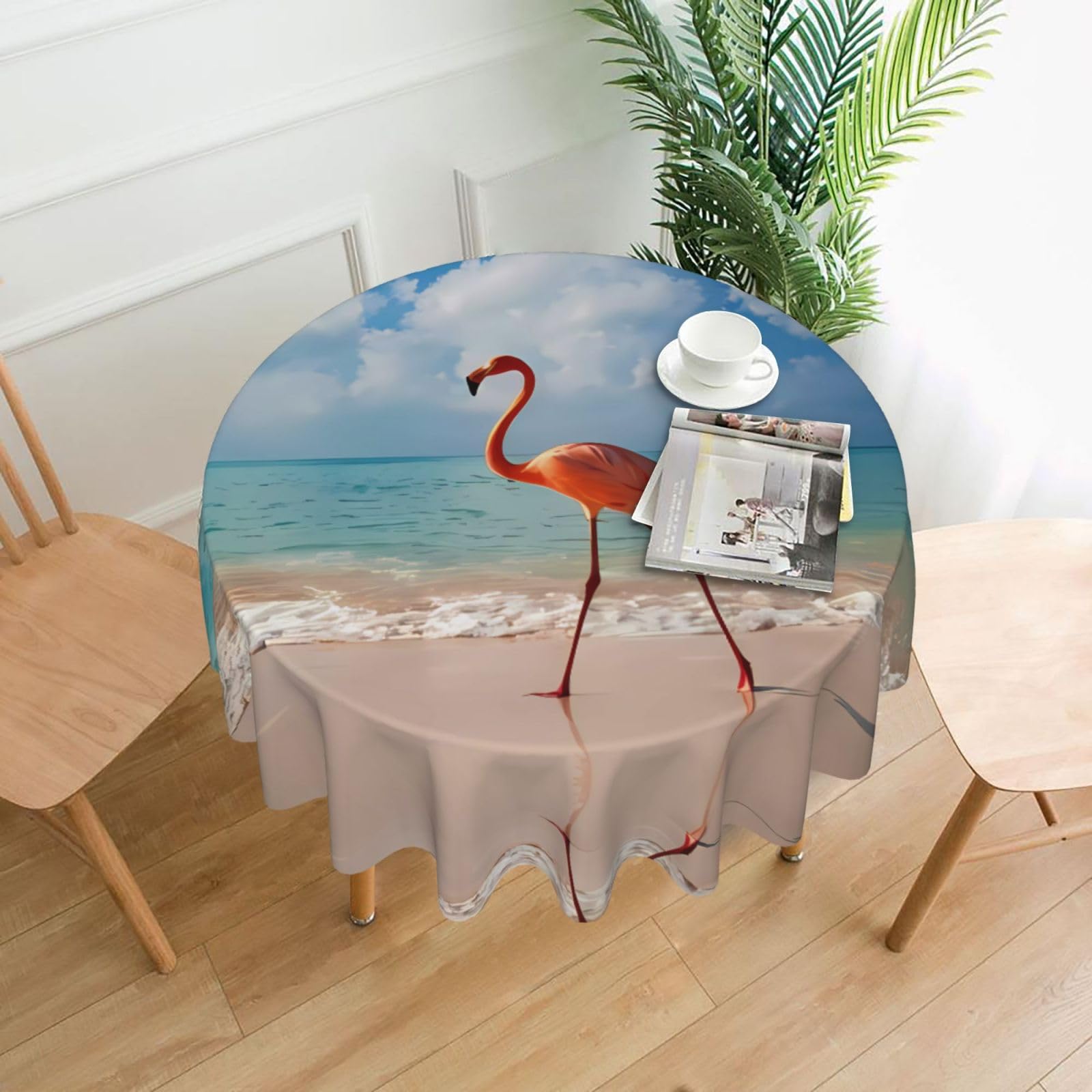 YYHWHJDE Pink Flamingo Walking on The Beach Prints 60in Round Decorative Tablecloth – High-Grade Polyester Throw for Stylish Dining & Event Table Protection