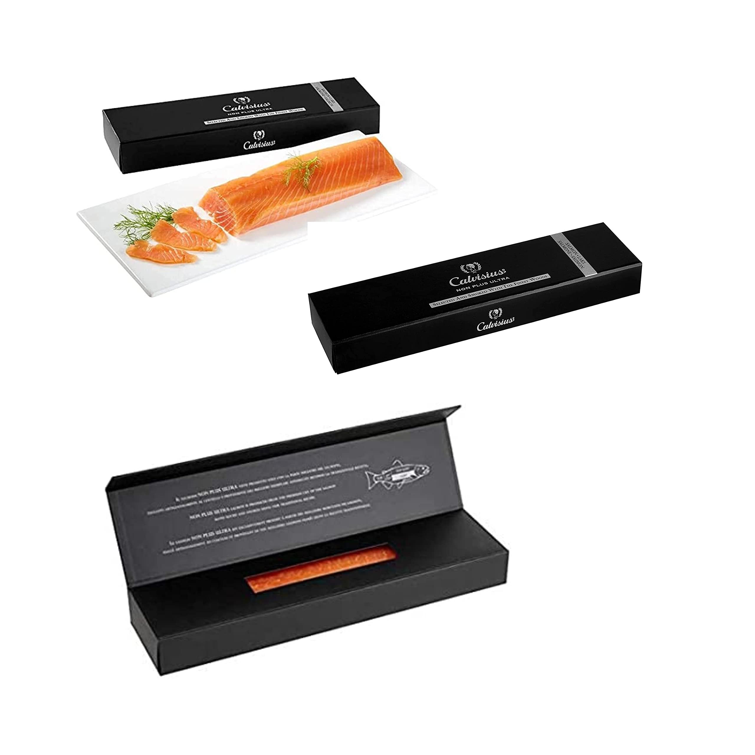 Tre Salmoni Calvisius lenta affumicatura: prelibatezza dal sapore delicato e intenso, lavorato con cura secondo il metodo tradizionale. Confezione da 320 gr caduna, per un totale di 960 gr circa