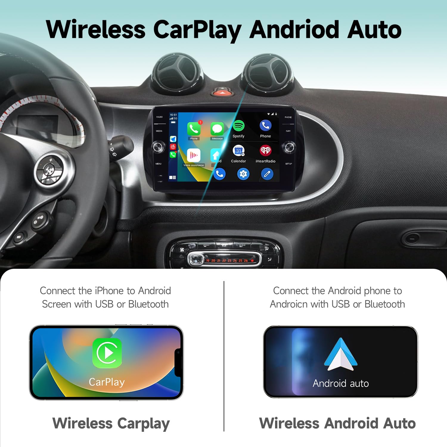 Autoradio per Smart 453 (2015–2020) – Display 9" HD, Android con Apple CarPlay Wireless & Android Auto, 4GB RAM 64GB ROM, CANBUS Incluso, Design OEM con Pomelli Laterali