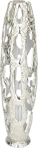 Miniatura 8 de Deco 79 Jarrón decorativo de metal de aluminio con diseños recortados, jarrón para decoración del hogar, 9 x 5 x 20 pulgadas, plateado