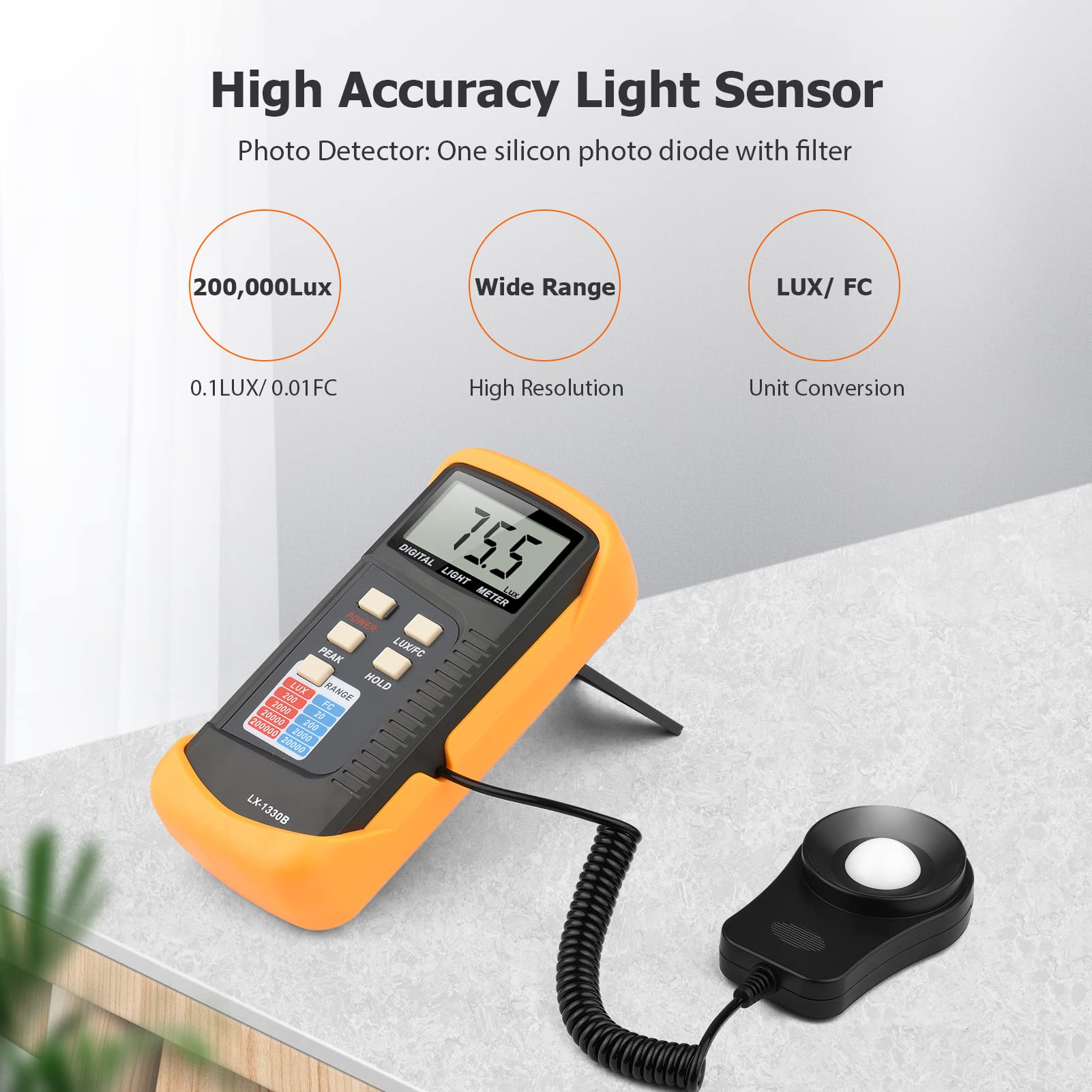 Medidor de luz digital de iluminación manual, rango de 200 a 200.000 lux, fotómetro LCD, portátil, luxímetro de mano con medidor de intensidad de luz de medición máxima para plantas de laboratorio