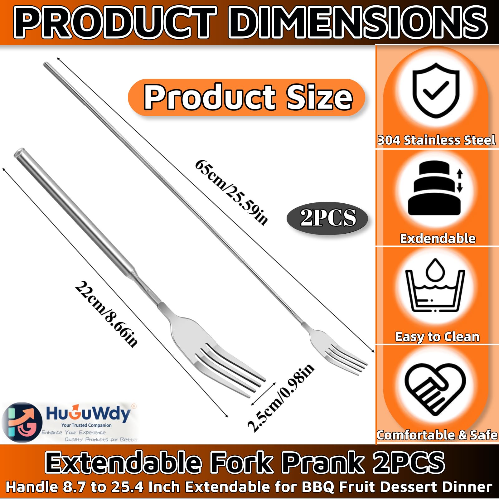 Extendable Fork Prank 2PCS，Expandable Fork Prank Joke 304 Stainless Steel with 8.7'' to 25.4'' Extendable Handle，Ideal for Christmas Party Camping Picnic for BBQ Fruit Dessert Dinner Create laughter — Amazon image 2