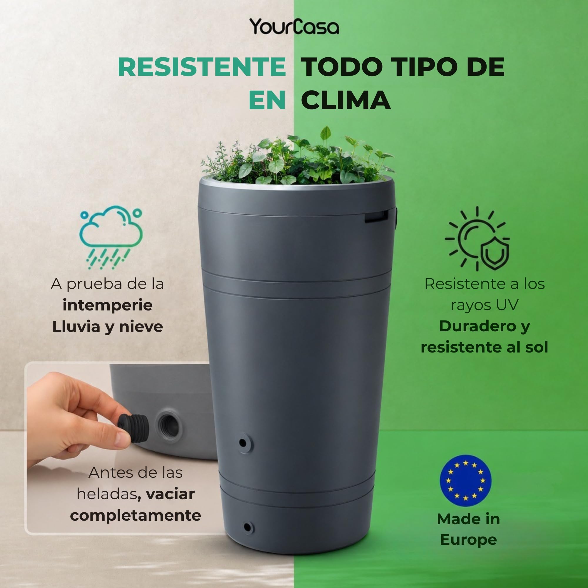 YourCasa Deposito Agua 230 litros [diseño Decore] Barril de Lluvia Resistente a Las heladas de plástico – bidon Agua de Lluvia con Grifo – depósito de Agua para jardín (Antracita)