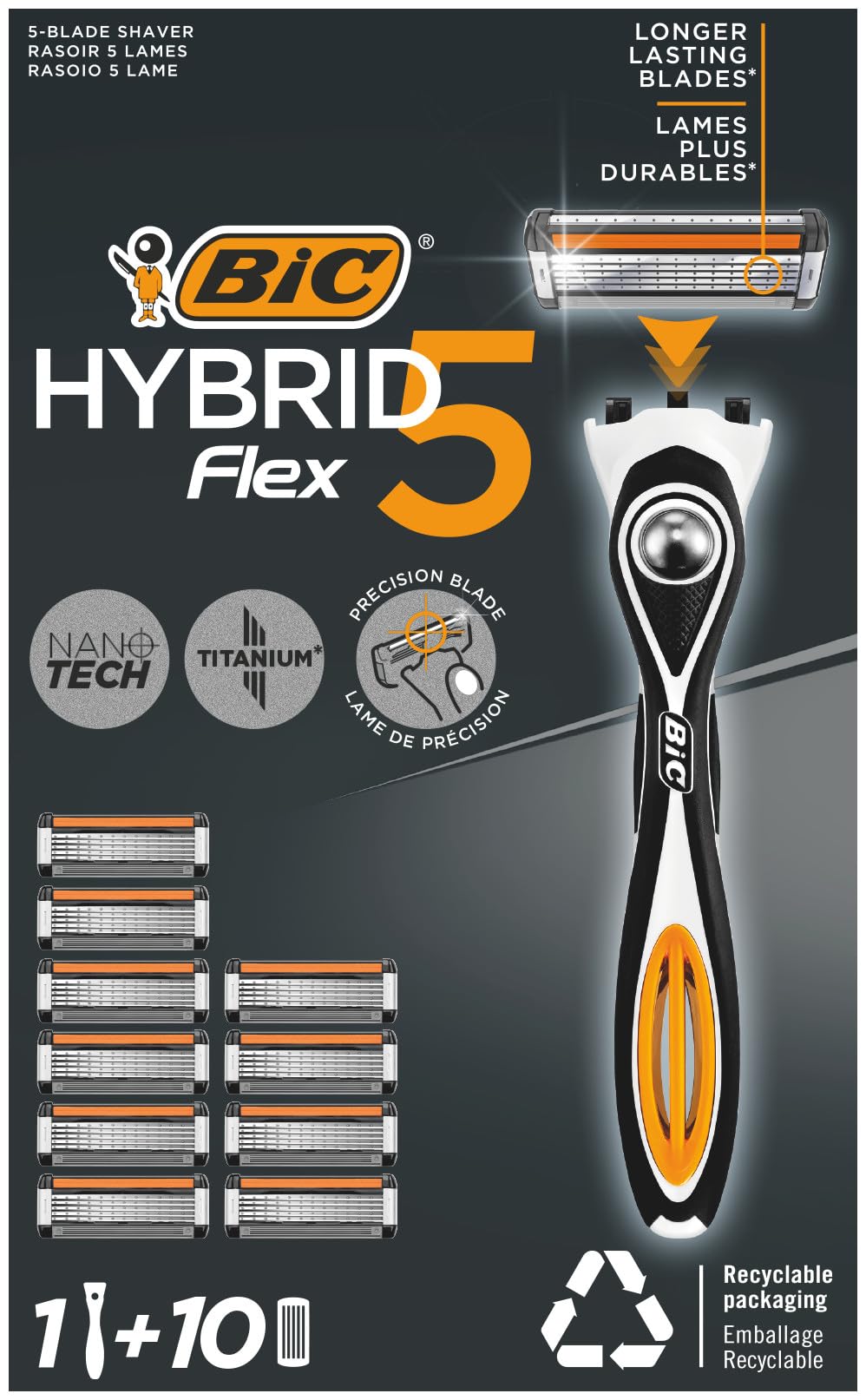 BIC Hybrid 5 Flex Maquinilla Recargable para Hombre, 1 Mango con Contrapeso y Recambios de Hojas Móviles Recubiertas de Titanio con Nanotecnología - Pack de 1+10