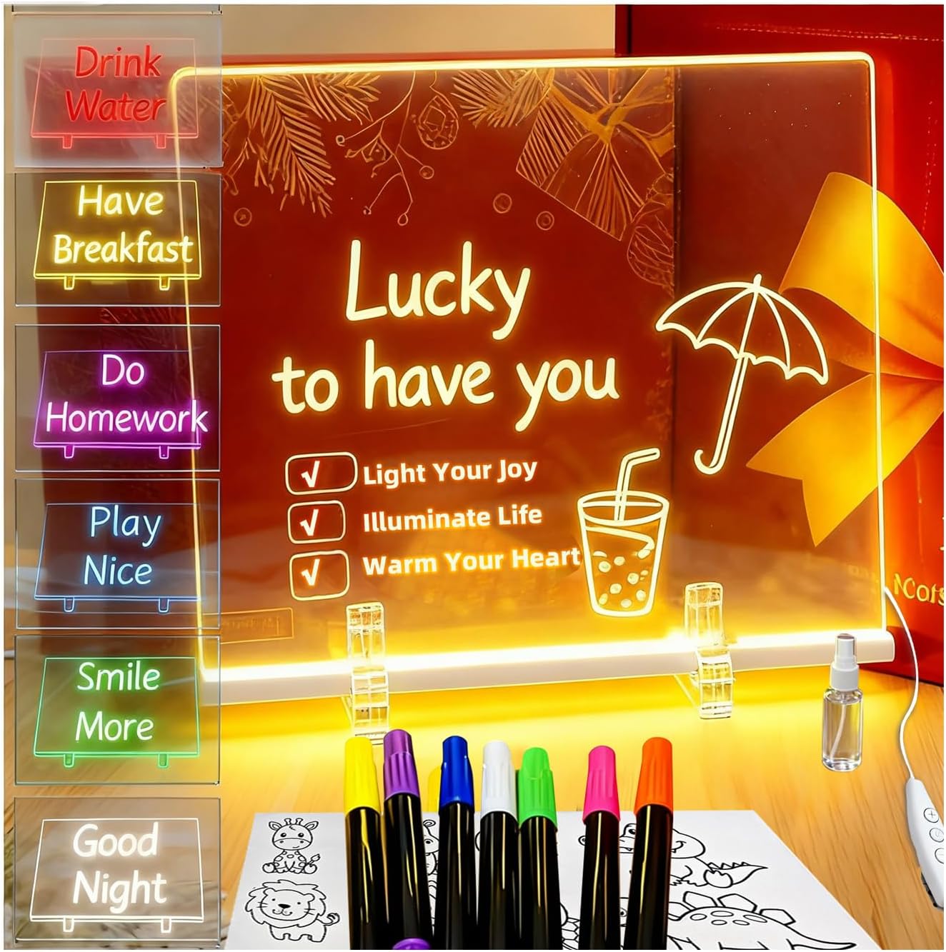 LED Drawing Board 13.7"x10" – Light Up Acrylic Dry Erase Board & LED Note Board with Colors, Adapter, 7 Markers, Message Board for Home Décor, Birthday, Christmas Gifts Idea