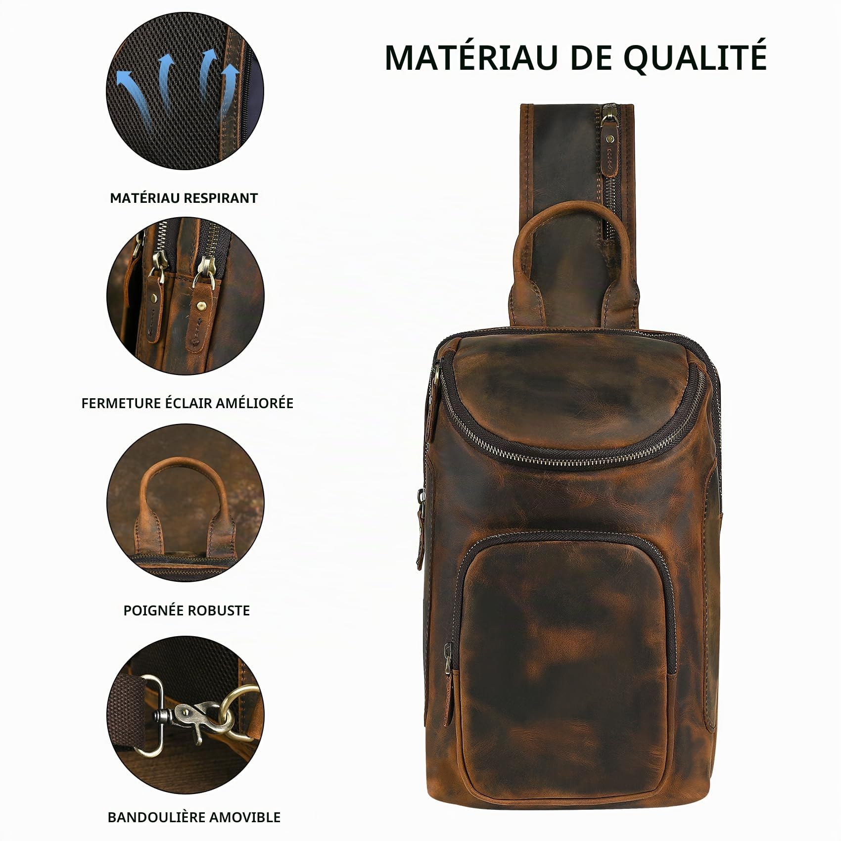 Vintage,Cuir véritable, triangulaire Sac à bandoulière, Sac à dos poitrine, Sac à dos à une épaule, pour homme et femme 3028