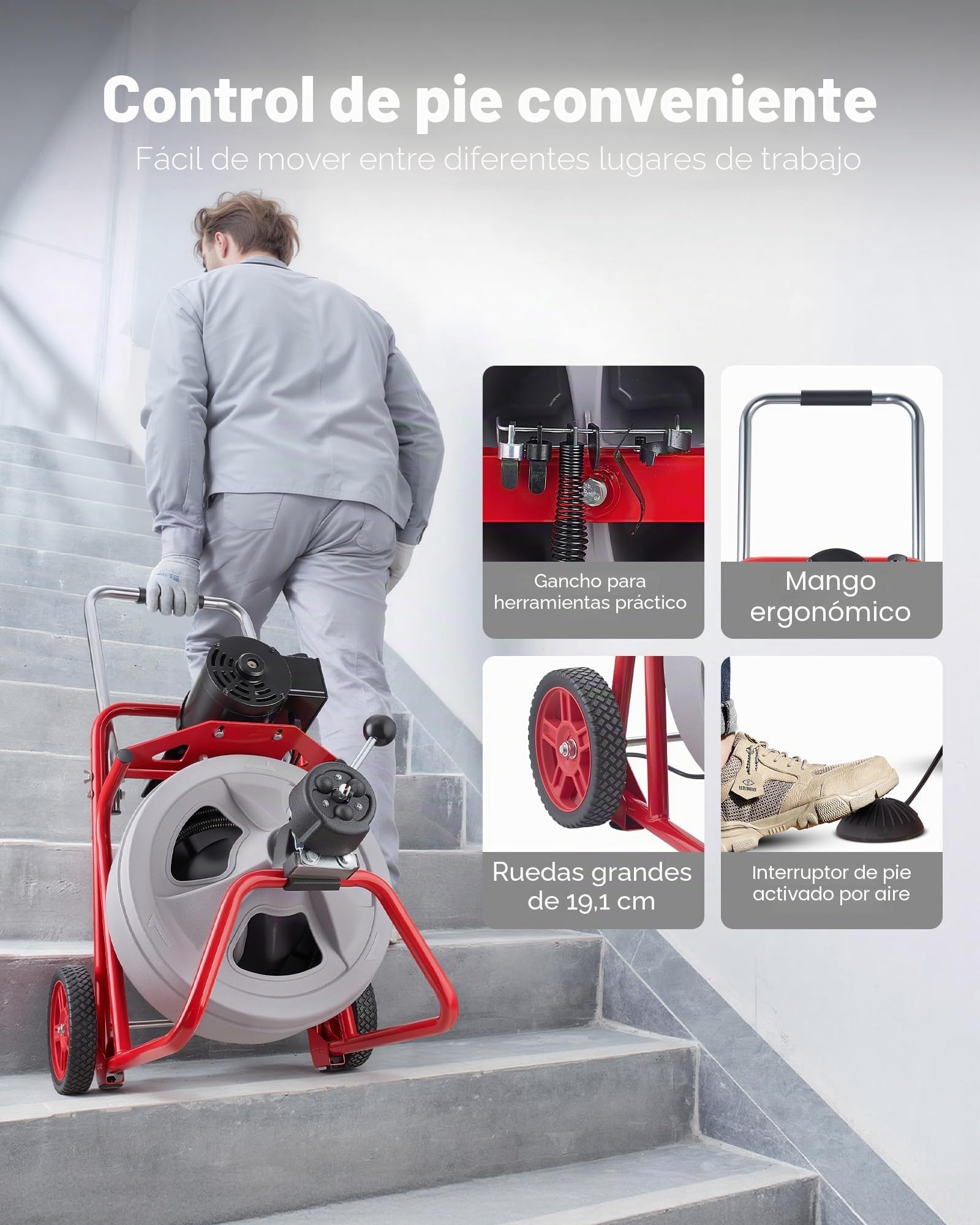 VEVOR Desatascador de Desagües Eléctrico 30 m x 13 mm, Máquina de Limpieza de Tuberías con Alimentación Automática, Tambor de Plástico, Limpiador de Tubos de Drenaje para Tuberías de 5-10 cm
