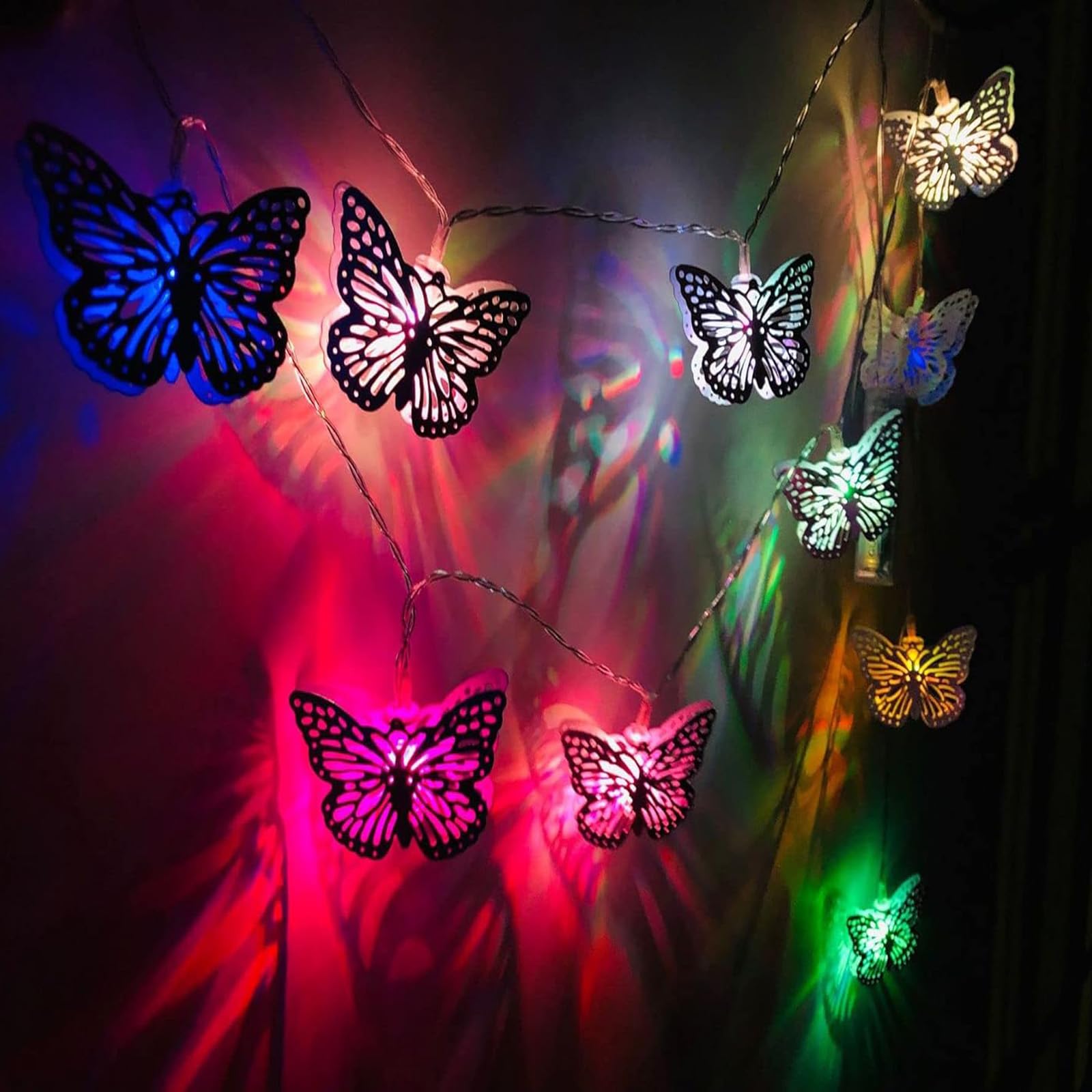 KINGCOO Guirnalda de luces de mariposa de metal, 3 m, 20 LED, funciona con pilas, para interiores y exteriores, luces decorativas para el hogar, dormitorio, cumpleaños, verano, jardín, boda, fiesta,