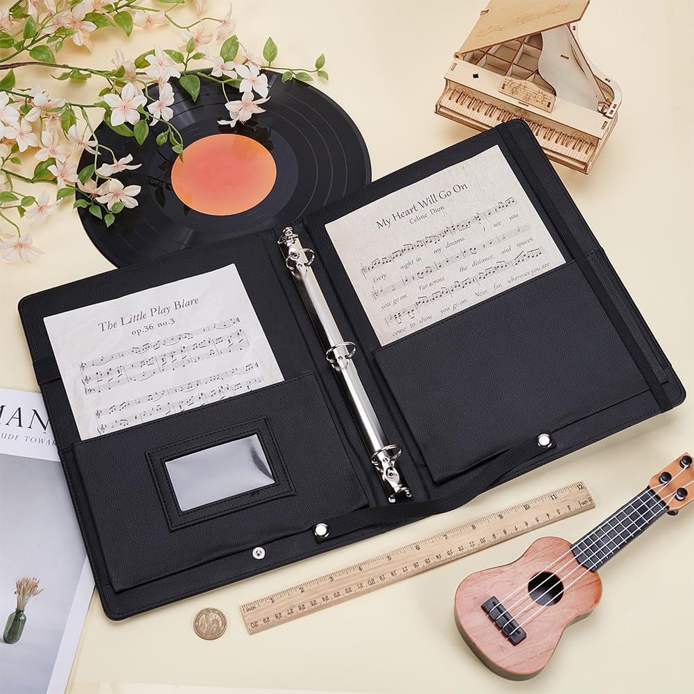 FINGERINSPIRE Classeur Partitions Musique Noir Cuir Pu Porte Partitions de Piano Classeur à 3 Anneaux Porte Partition Avec Bande Élastique et Poignée pour Piano Chorale Performance Musicale