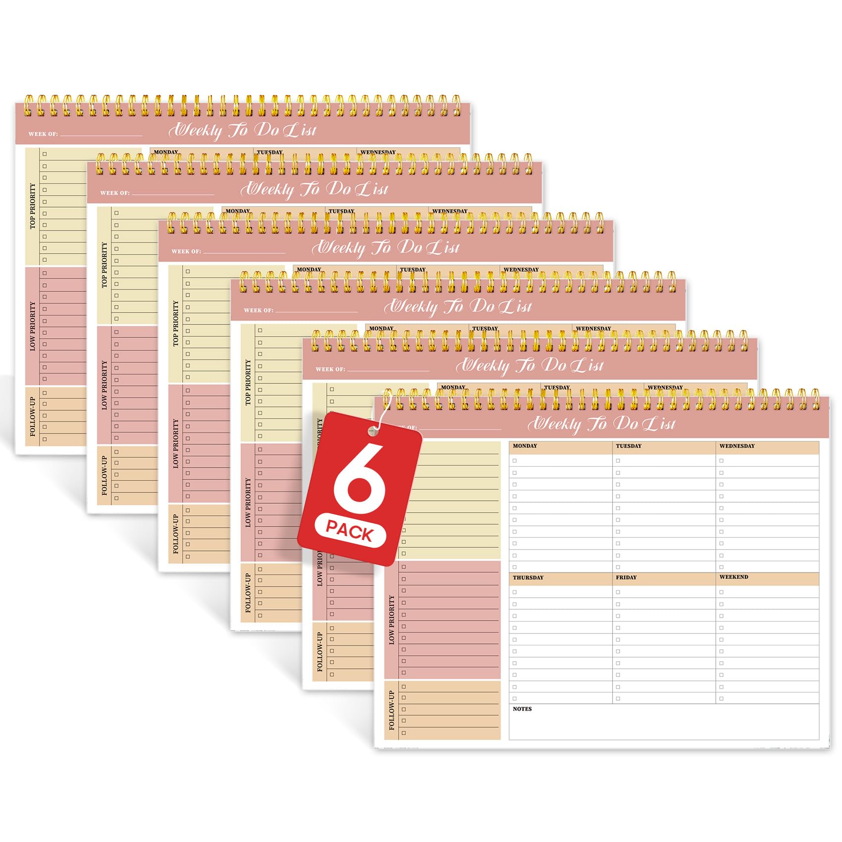 Weekly To Do List Notepad with 52 Undated Sheets（8.5"×11"）6 Pack - Undated Weekly Planner Notepad for Office Desk Accessories and Supplies - Sunshine Petal