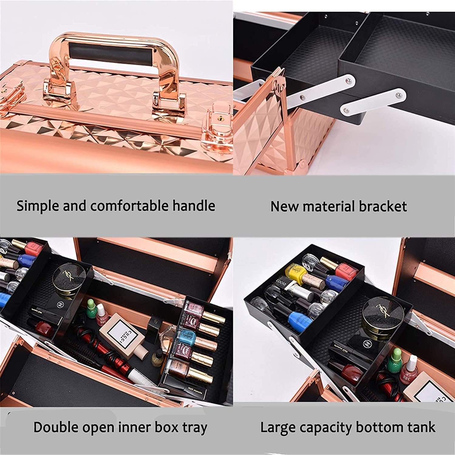 Adson Professional Makeup Box Cosmetics Case Jewelry Organiser Vanity Make Up Storage Box Beauty Train Case Lockable with Keys (Copper) - Image 8 thumbnail