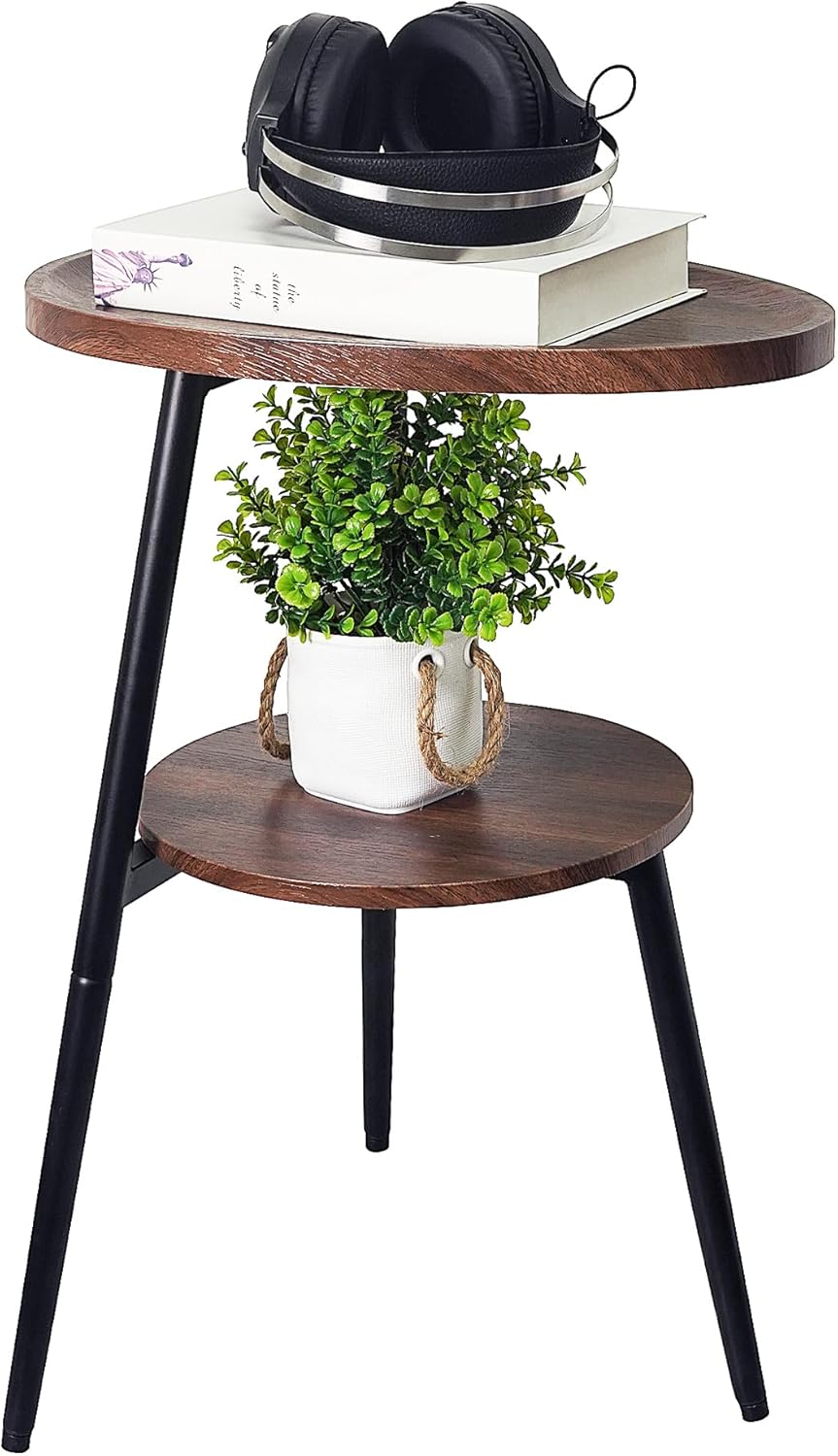 Side Table Small End Table, Oval Round Wood Sofa Table, 2 Tier Accent Table Nightstand Bedside Table with Metal Frame for Living Room, Bedroom, Small Spaces (Rustic Brown)