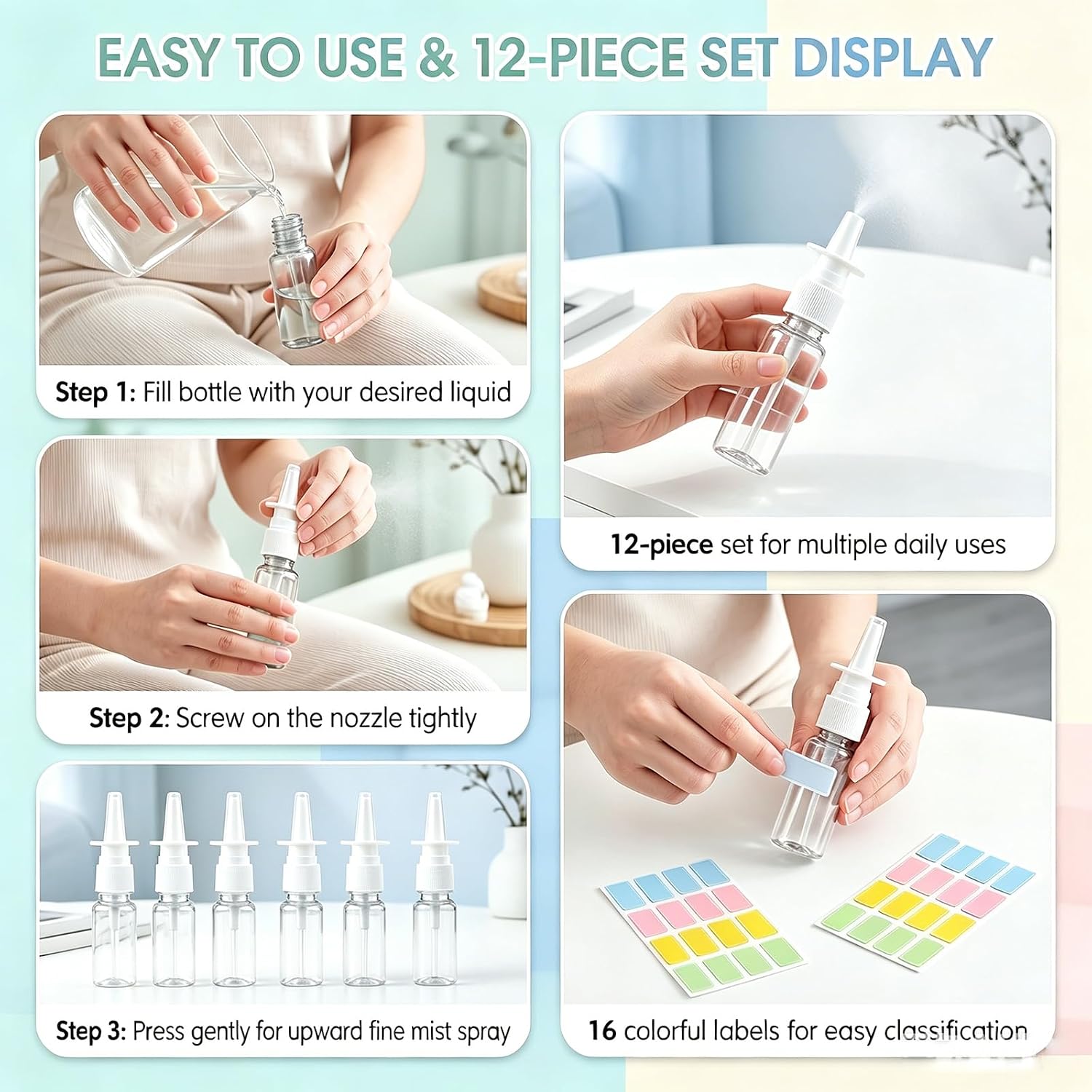 12 Pcs 10ml/0.34oz Empty Clear Nasal Spray Bottles, Plastic Refillable Fine Mist Sprayers with Labels & Storage Bag, Travel Size Containers for Cosmetics & Perfume