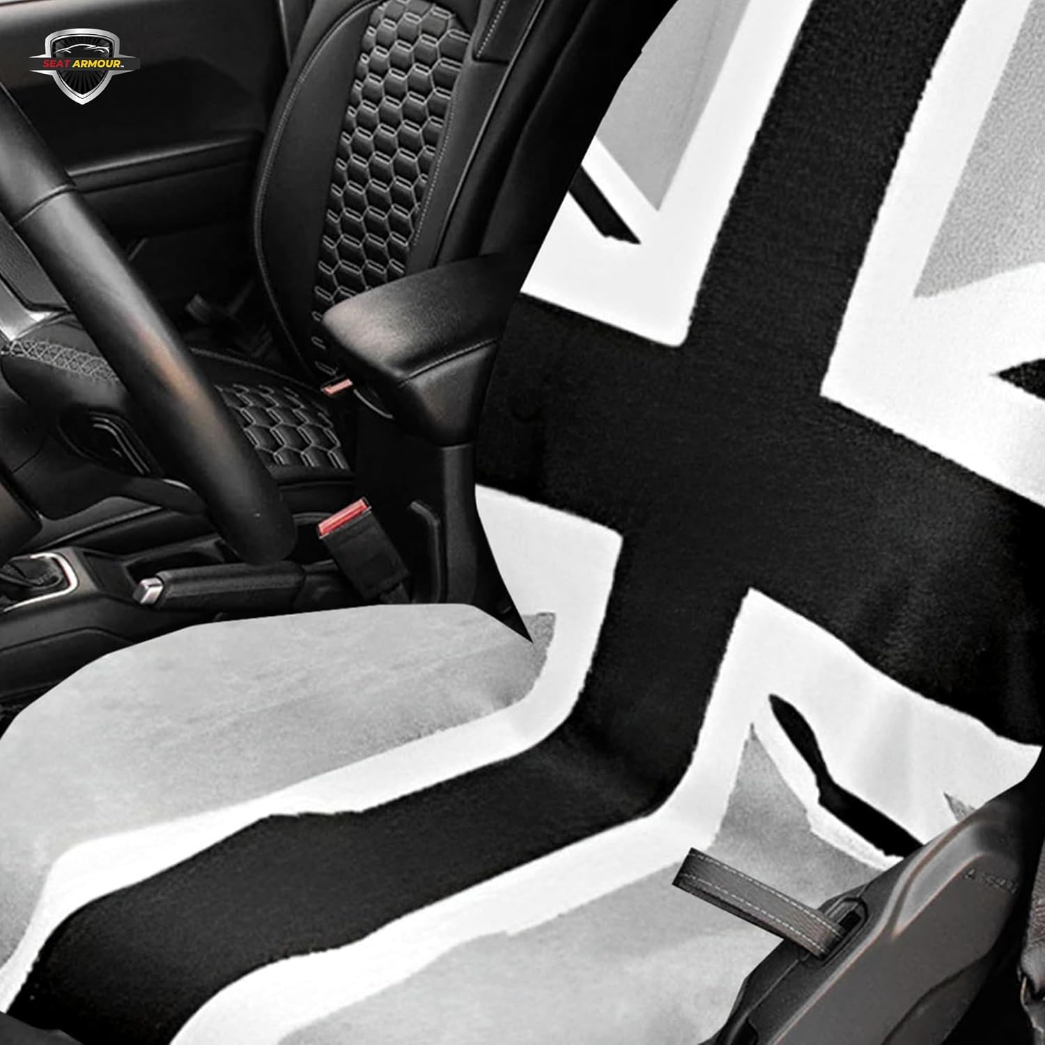 Seat Armour Seat Protector Towel – Black/Gray British Flag Design – Soft Machine Washable Car Seat Cover Towel – Easy to Install, Multipurpose Car Seat Towel