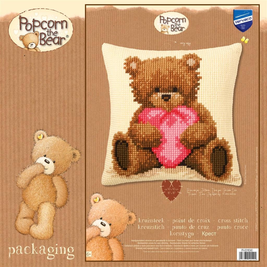 Vervaco Kreuzstich Stickpackungen Kissen Stickerei Set Anfänger Vorgedruckt Popcorn Ich Liebe Dich DIY Set Kreativ Set Für Erwachseneca. 40 x 40 cm Bastelset Handwerker Haus Dekoration