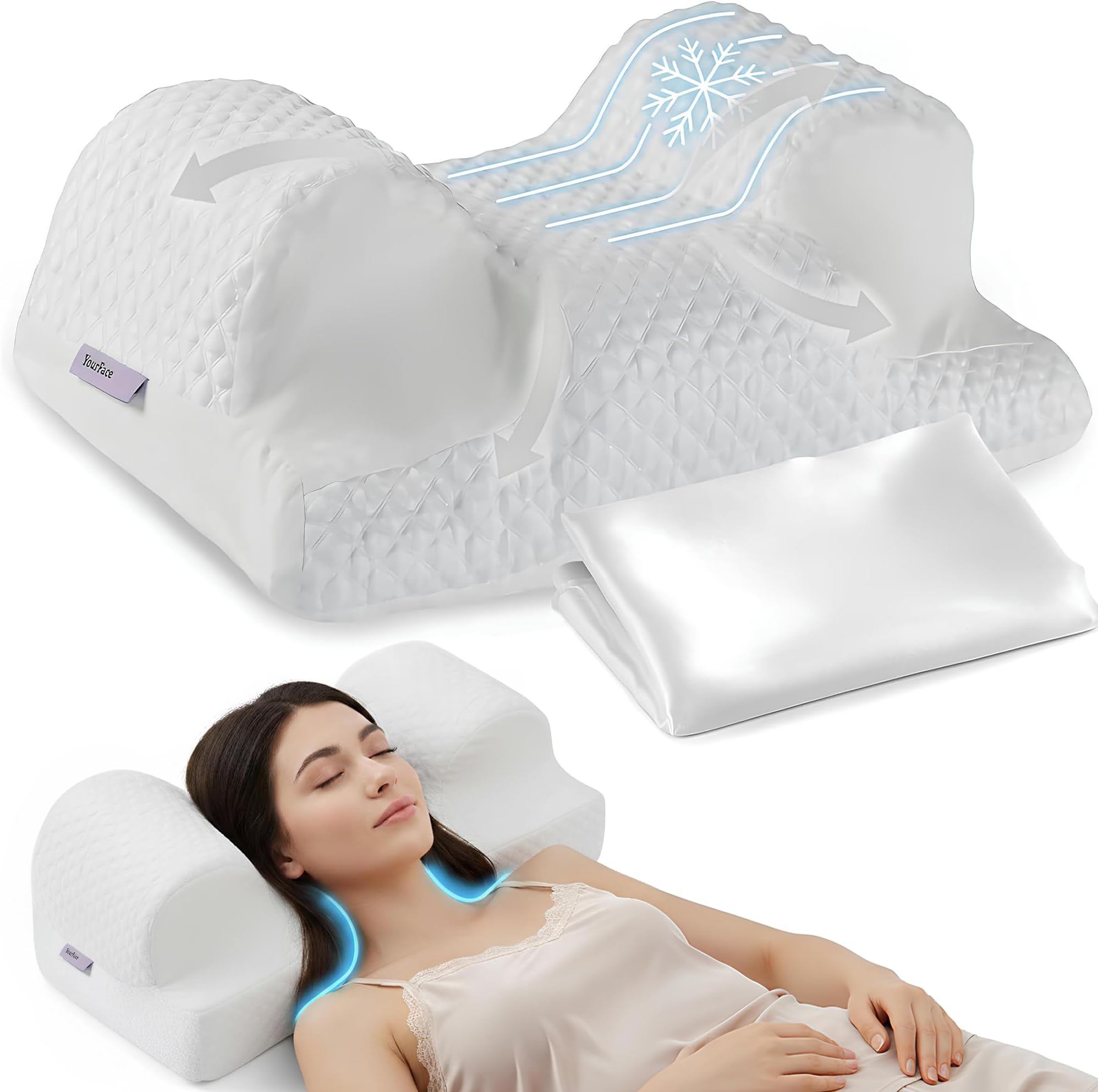 YourFacePillow, Back Sleeper Beauty Pillow, Cervical Neck Pillow Contour Memory Foam Pillow, Ergonomic Neck, Back & Shoulder Support. Back Sleeping Reduces Pressure on Skin - Cooling with Satin Case