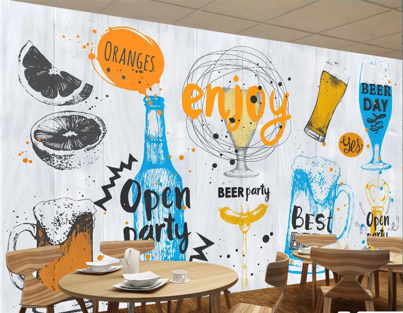 rskjdghshd Wallpaper Retro Wood Grain Hand-Painted Graffiti Wine Glass Drink Shop Bar Background Wall Western Restaurant Wallpaper Cafe Mural,3D,430x300cm