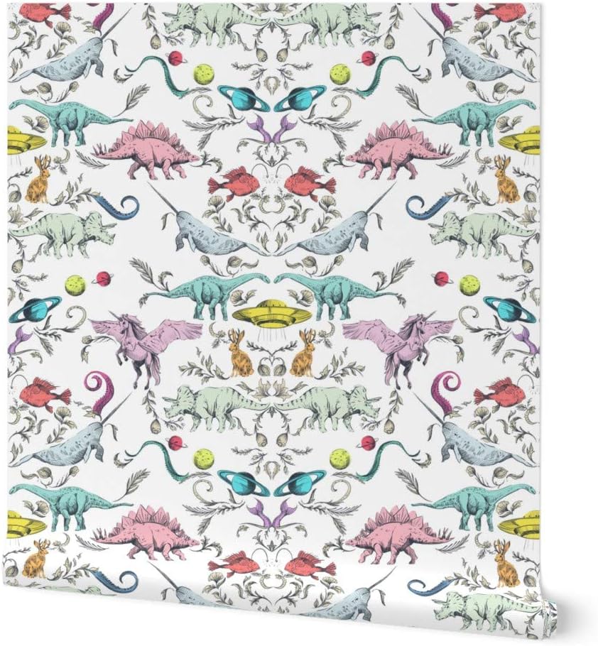 Peel & Stick Wallpaper 3ft x 2ft - Myth Mystery Whimsical Pastel Rainbow White Unicorn Dinosaurs Space UFO Narwhal Fish Custom Removable Wallpaper by Spoonflower