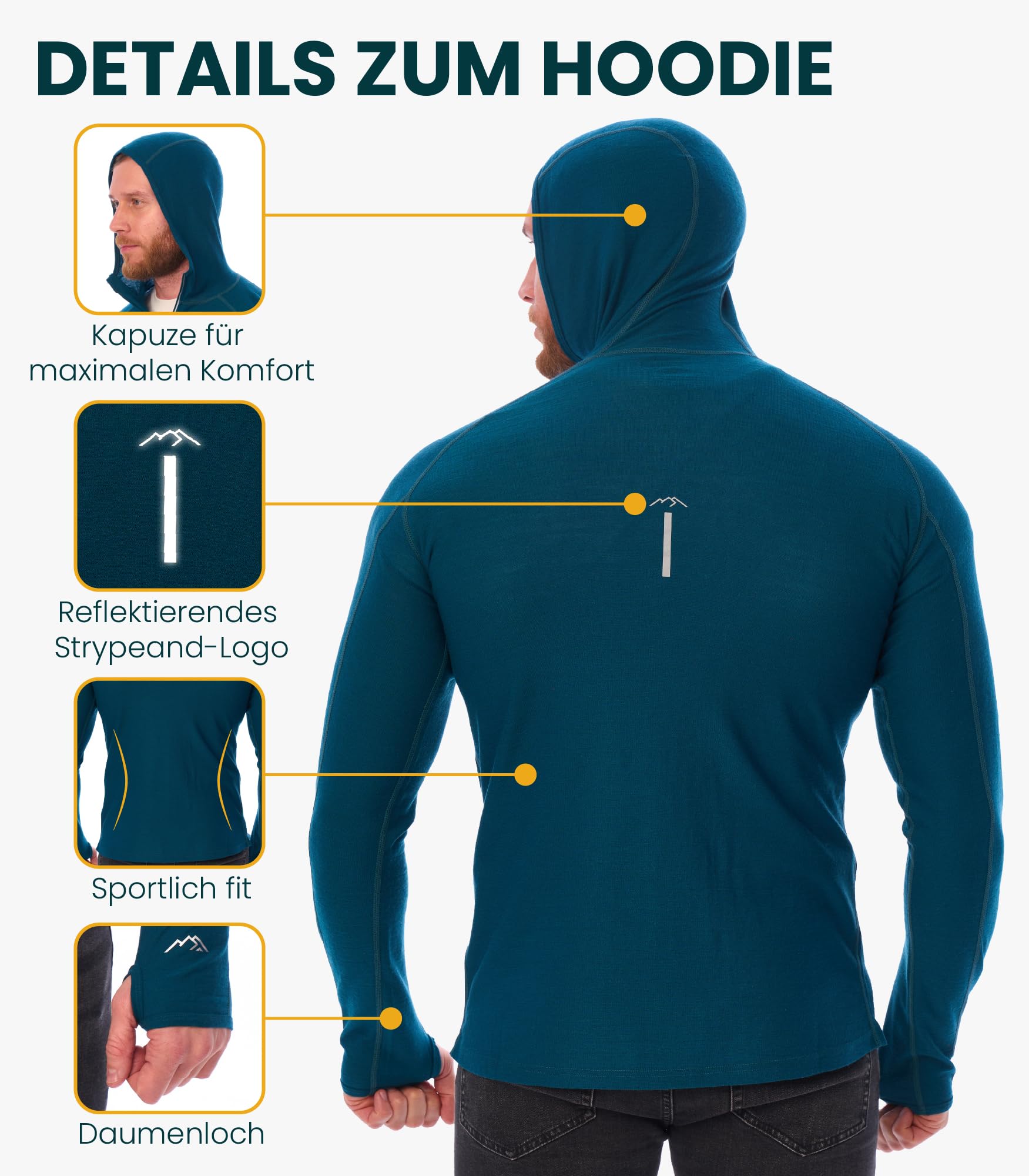 Merino.tech 100% Merino Hoody Herren mit Kapuze – Thermoshirt Hoodies für Männer aus Merinowolle, Kapuzenpullover für Herren