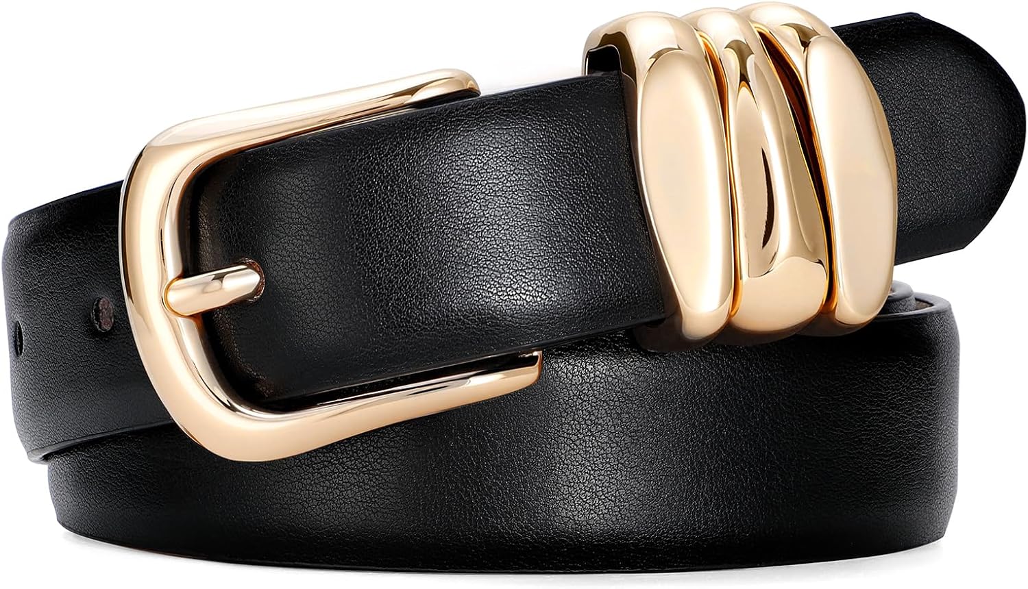 SANSTHS Womens Belt with Statement Triple Gold Keeper Loops, Stylish Ladies Waist Belt for Jeans Dresses Formal Wear