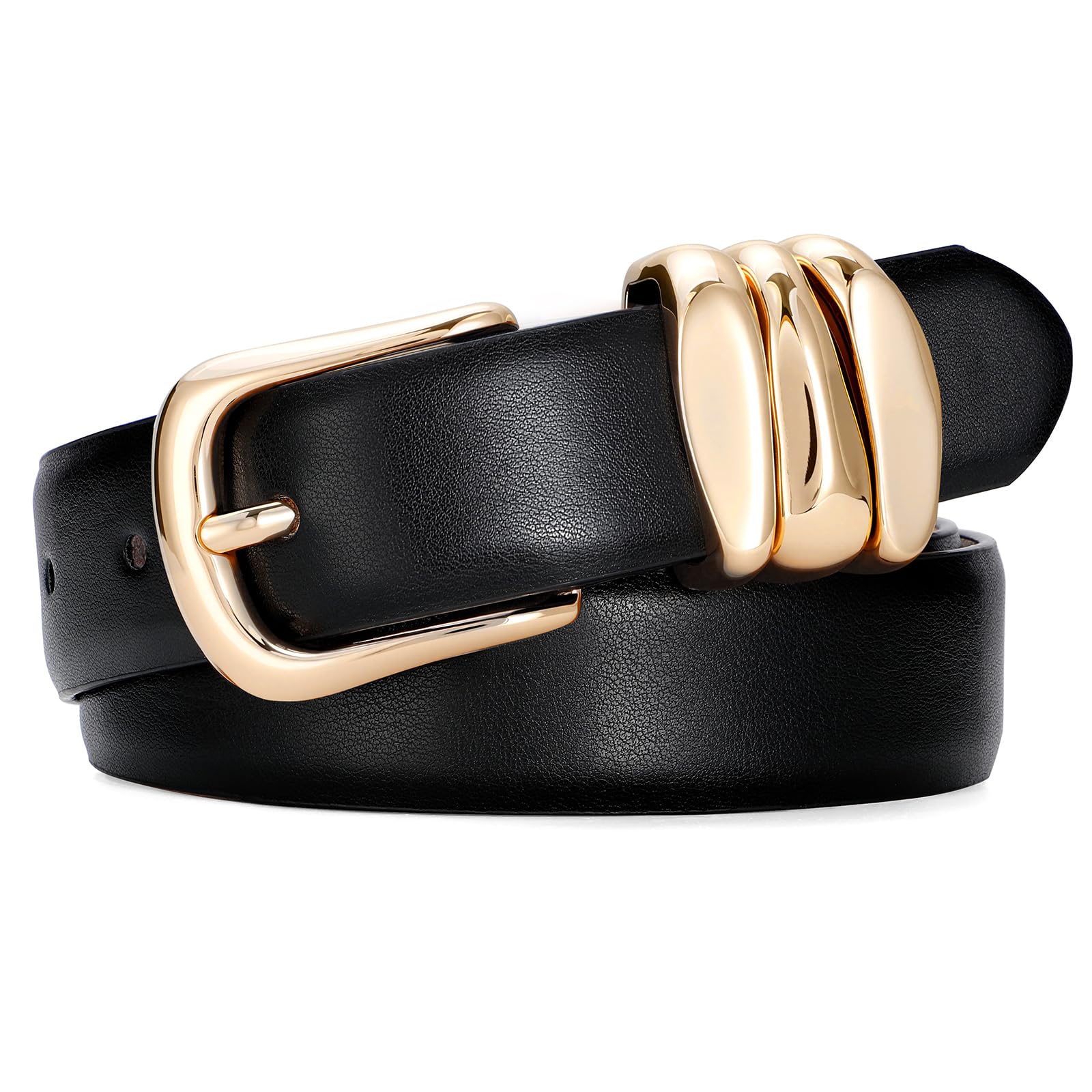 SANSTHS Womens Belt with Statement Triple Gold Keeper Loops Stylish Ladies Waist Belt for Jeans Dresses Formal Wear