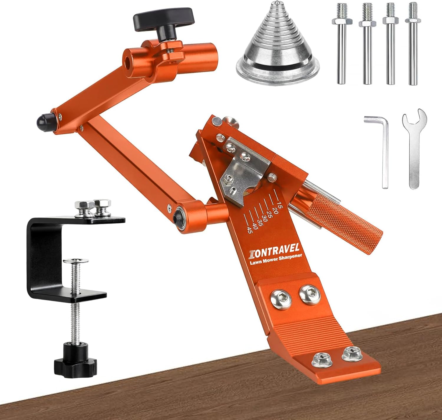 Lawn Mower Blade Sharpener Kit - Includes Model 5005 Blade Sharpener, Metal Blade Balancer & Quick-Install Clamp - for Right & Left Hand Mower Blades (Orange)